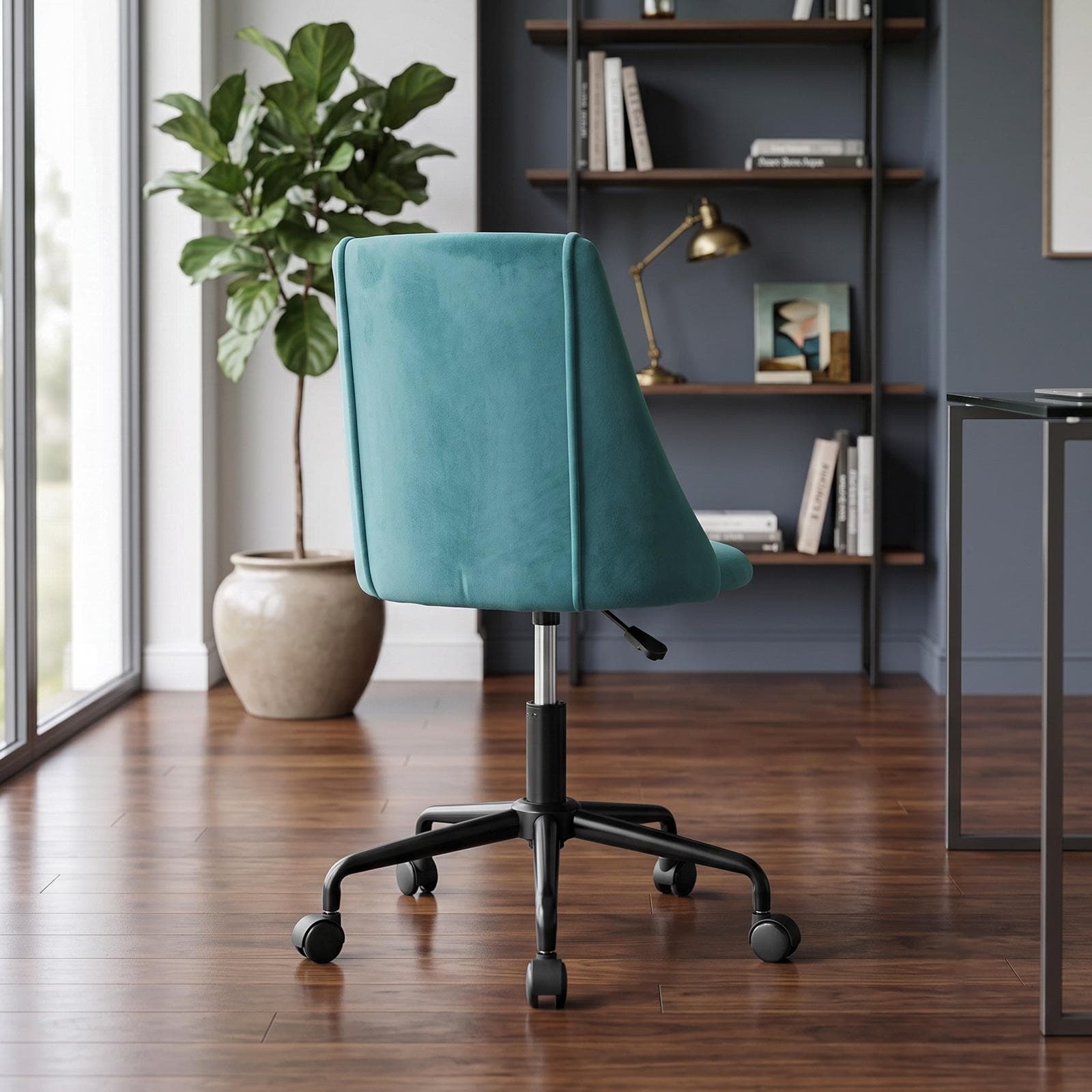 Sedia da ufficio girevole in velluto blu petrolio con base in metallo nero - Iupak Roller