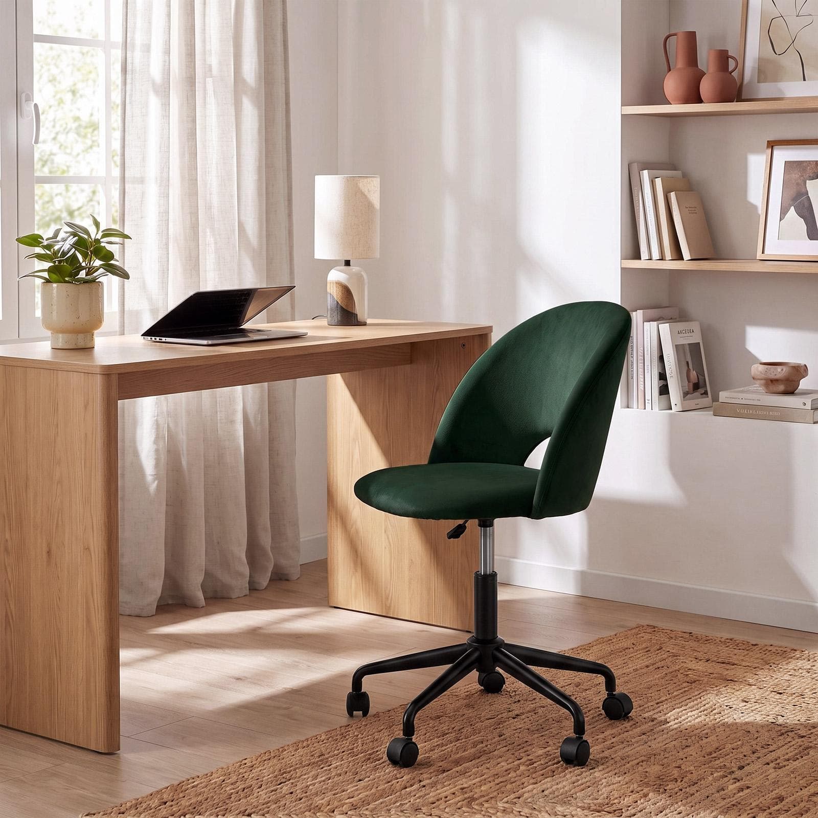 Sedia da ufficio girevole in velluto verde scuro con base in metallo nero - Kimmy Roller