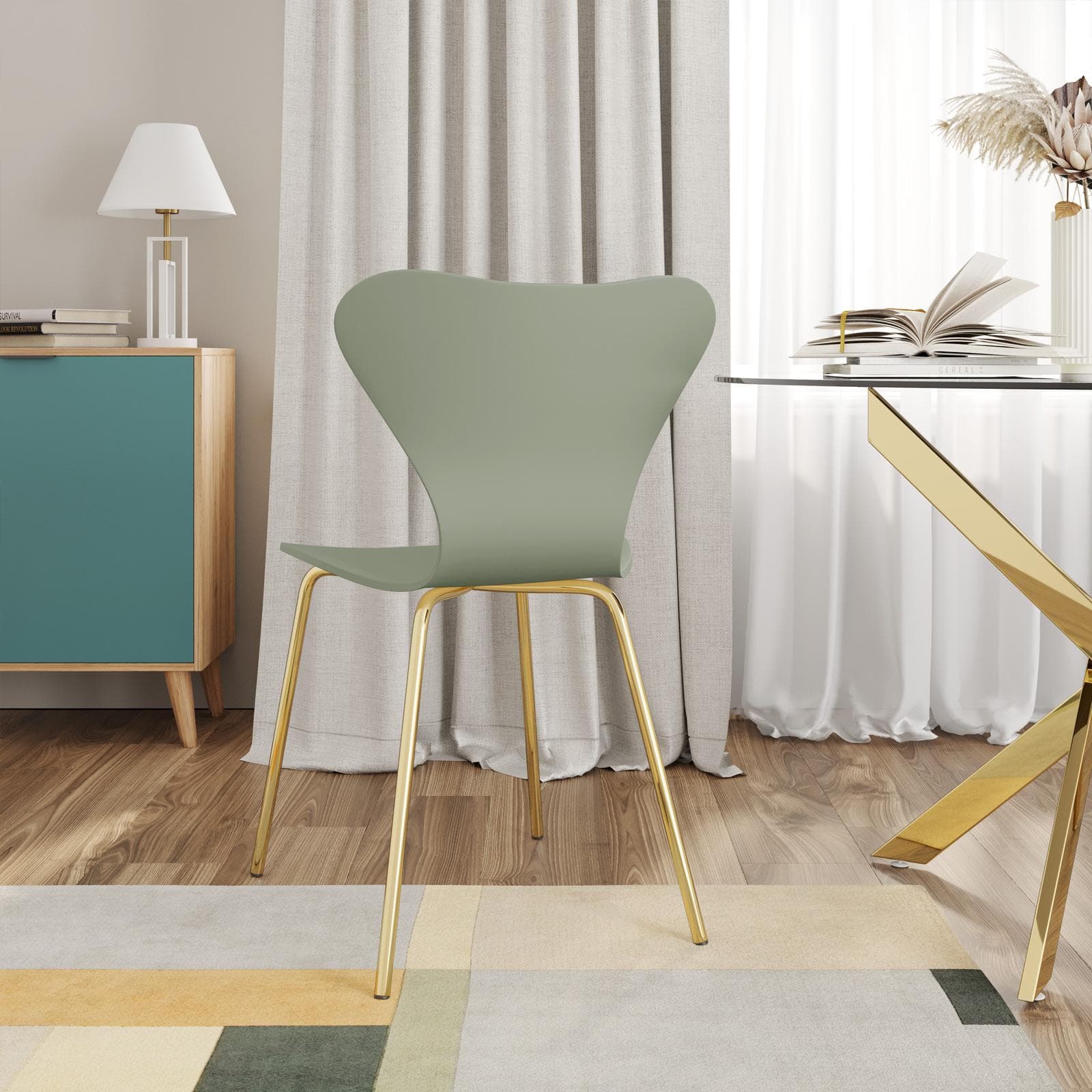 Sedia impilabile in polipropilene verde salvia con seduta effetto legno e gambe oro - Dolly