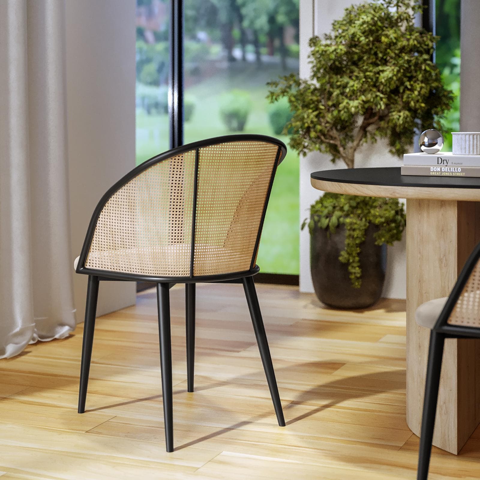 Sedia in tessuto tortora con schienale polyrattan naturale - Sloane