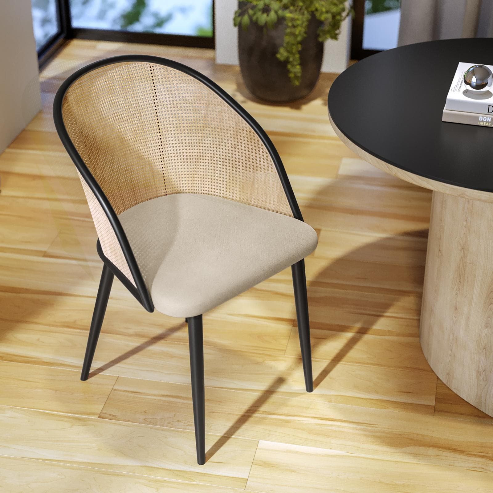 Sedia in tessuto tortora con schienale polyrattan naturale - Sloane