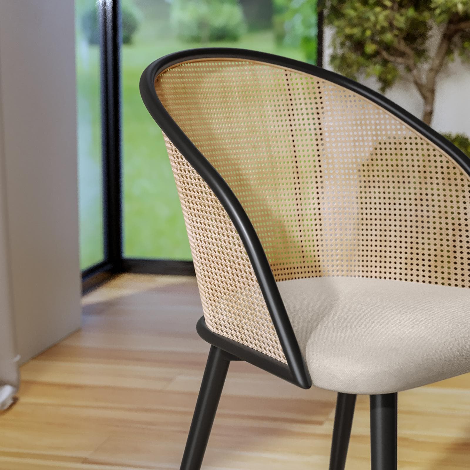 Sedia in tessuto tortora con schienale polyrattan naturale - Sloane
