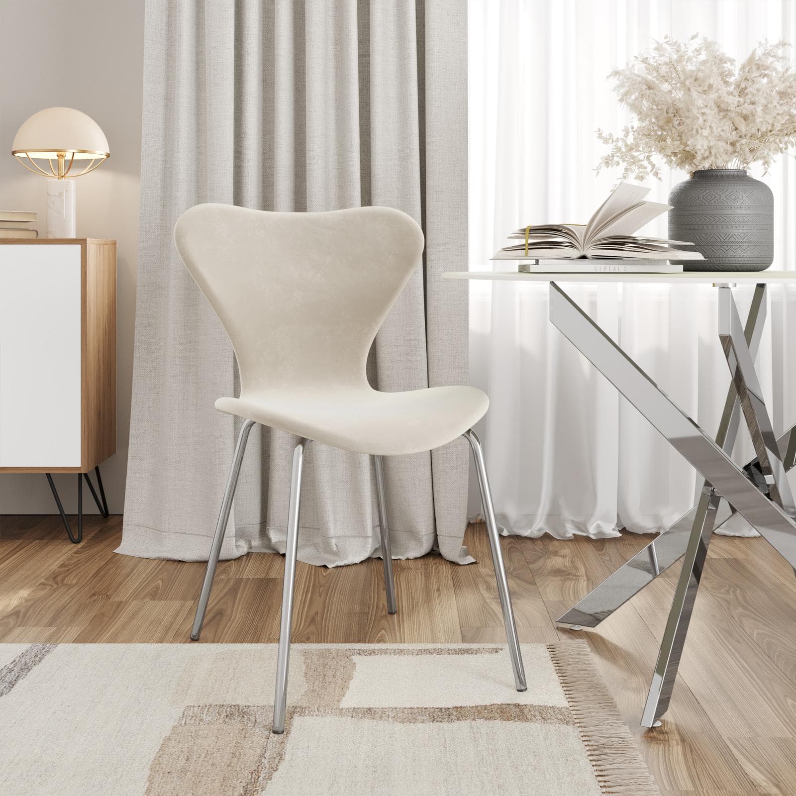 Sedia impilabile velluto crema con gambe cromo - Dolly