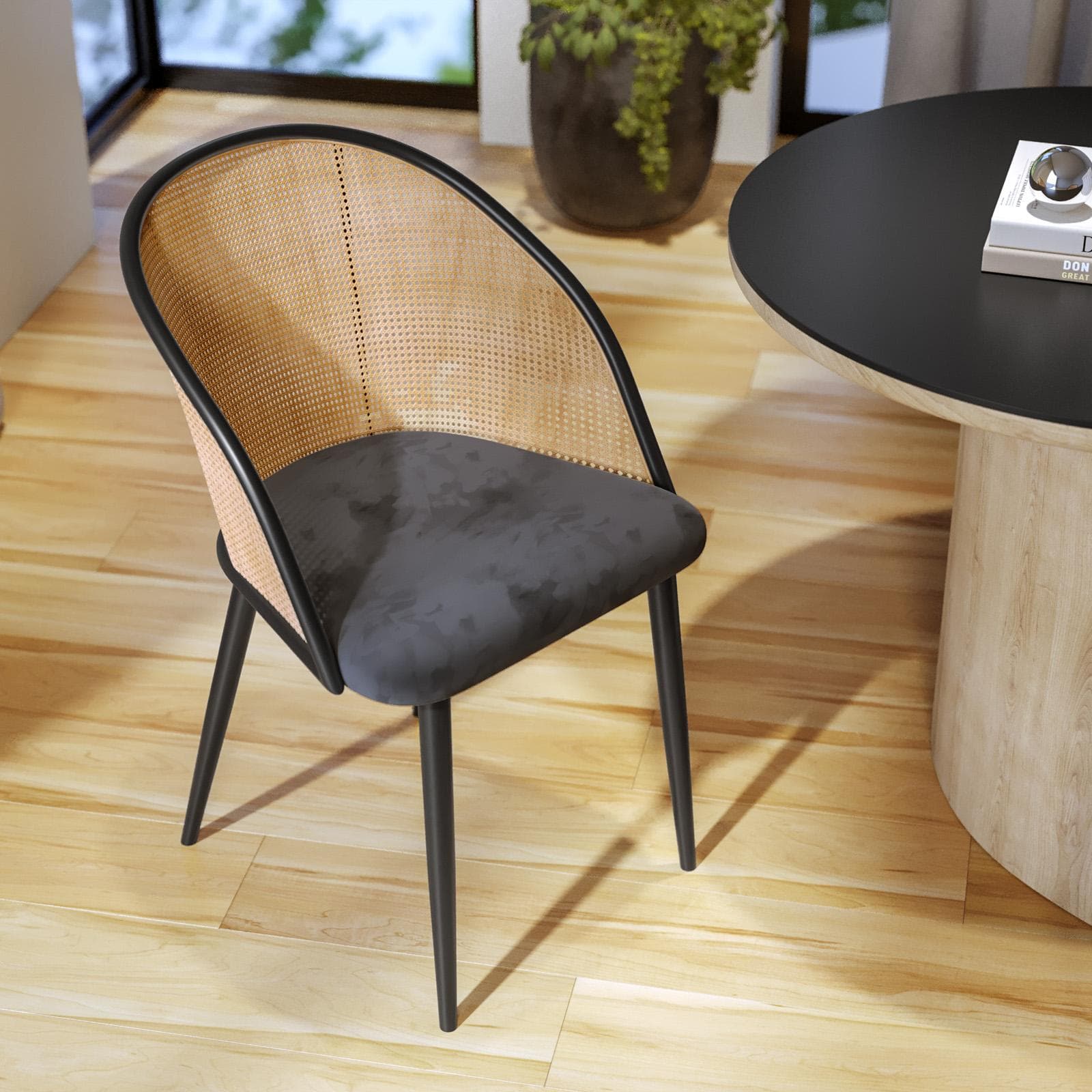 Sedia in velluto grigio con schienale in polyrattan naturale - Sloane