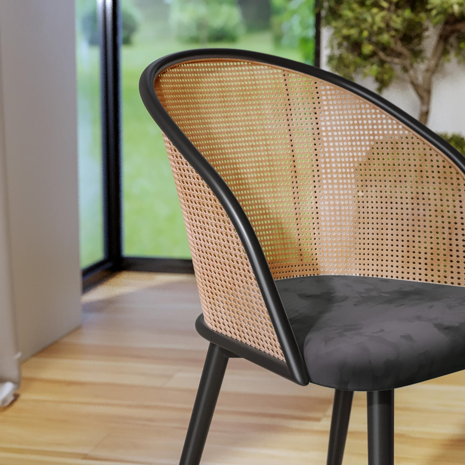 Sedia in velluto grigio con schienale in polyrattan naturale - Sloane