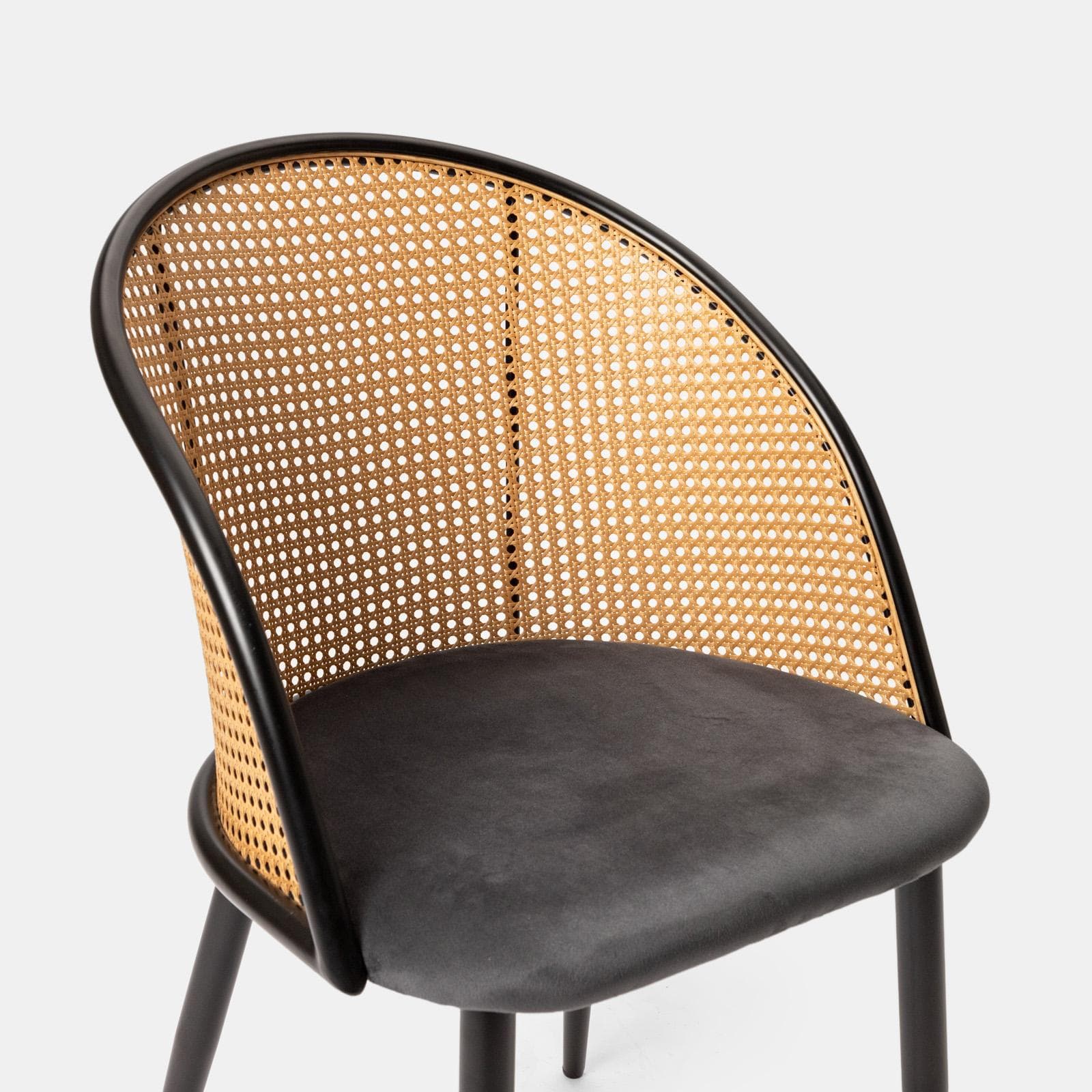 Sedia in velluto grigio con schienale in polyrattan naturale - Sloane
