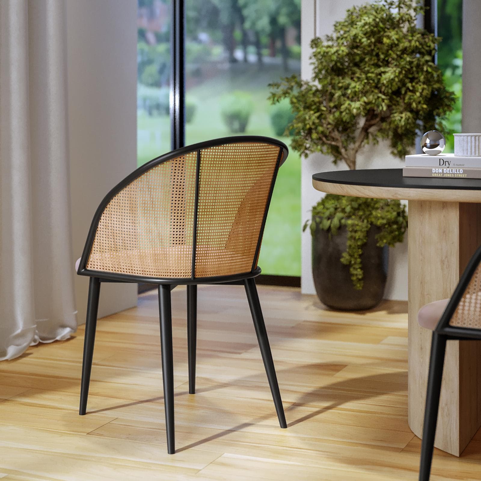 Sedia in velluto tortora chiaro con schienale in polyrattan naturale - Sloane