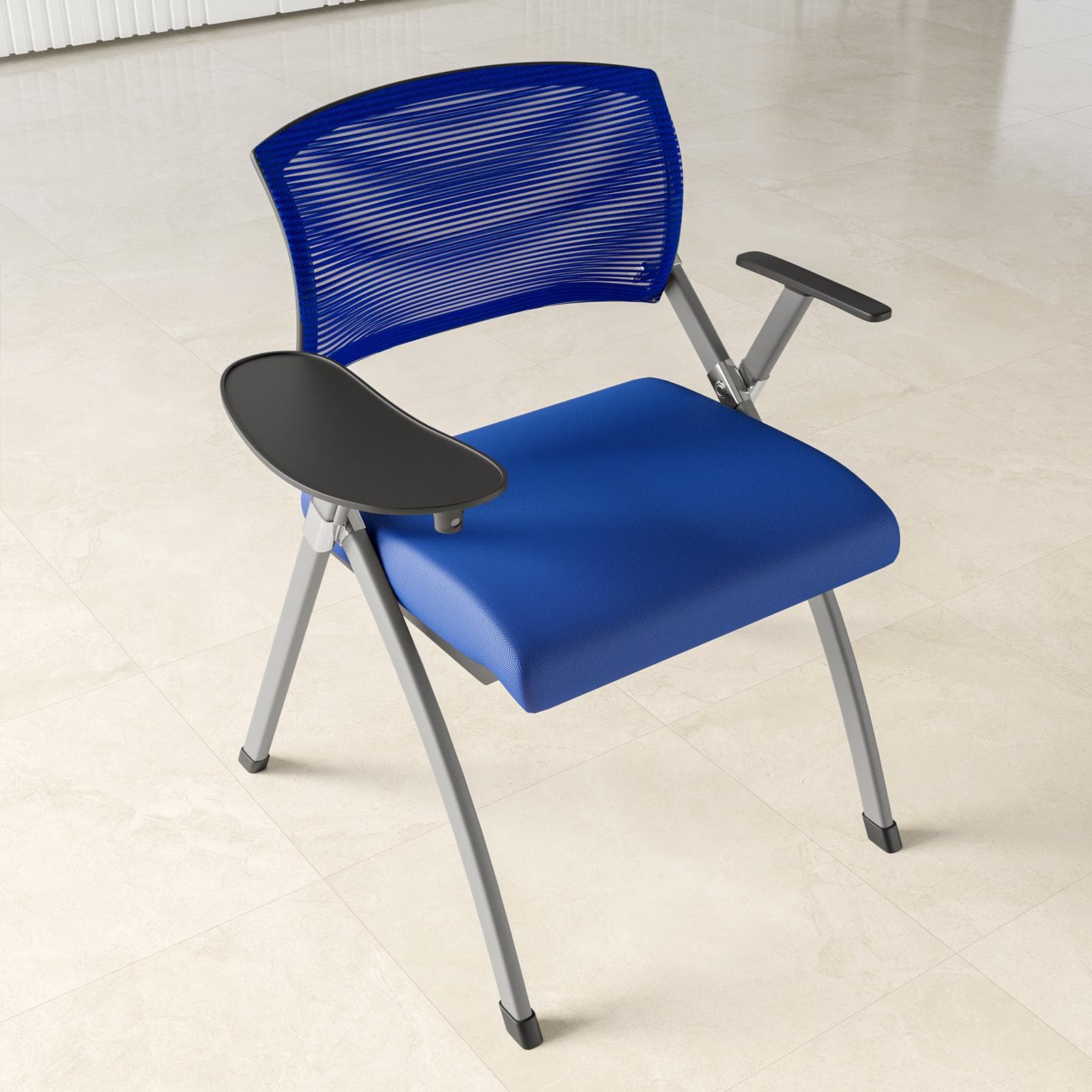 Sedia pieghevole in tessuto mesh blu con scrittoio e struttura in acciaio - Jupiter