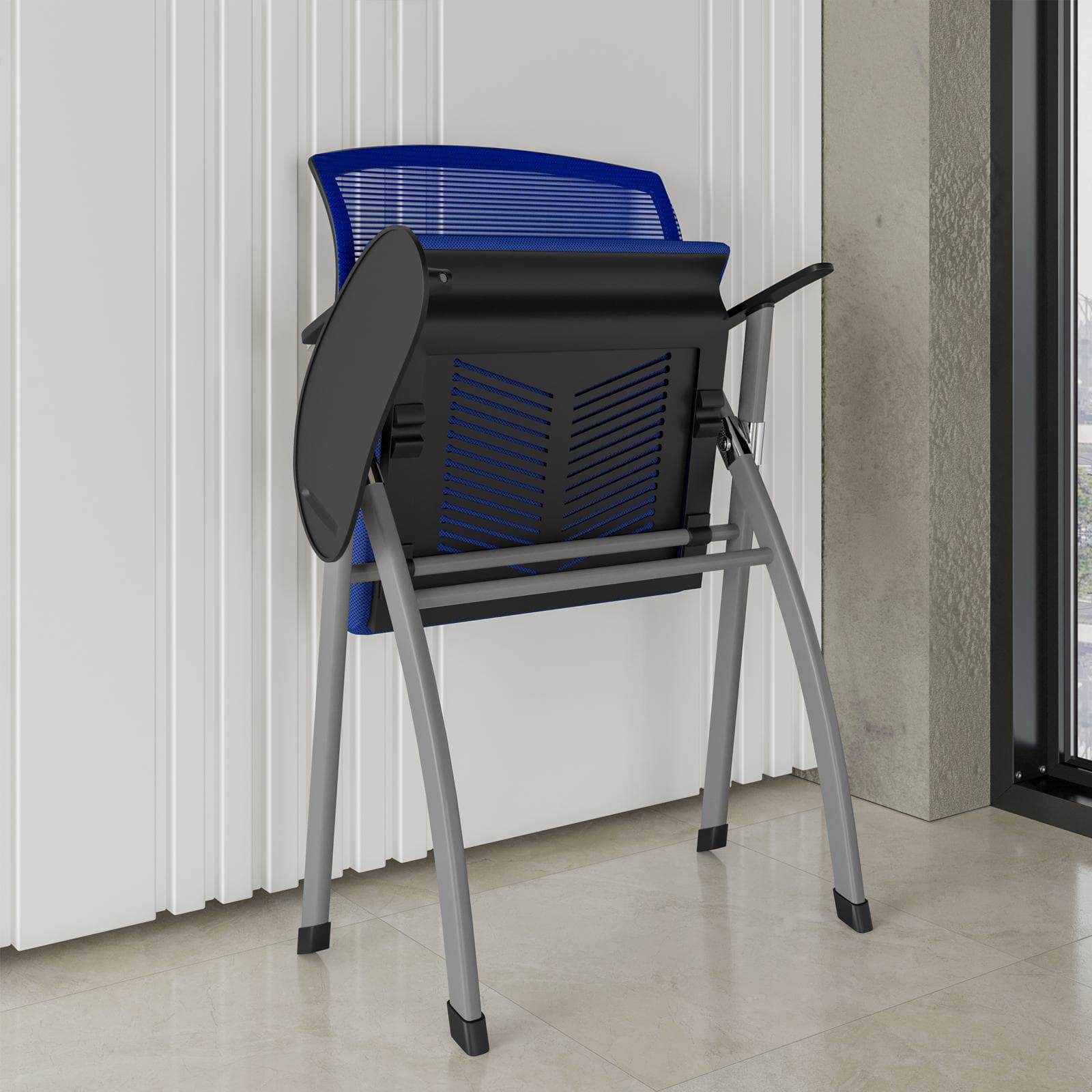 Sedia pieghevole in tessuto mesh blu con scrittoio e struttura in acciaio - Jupiter