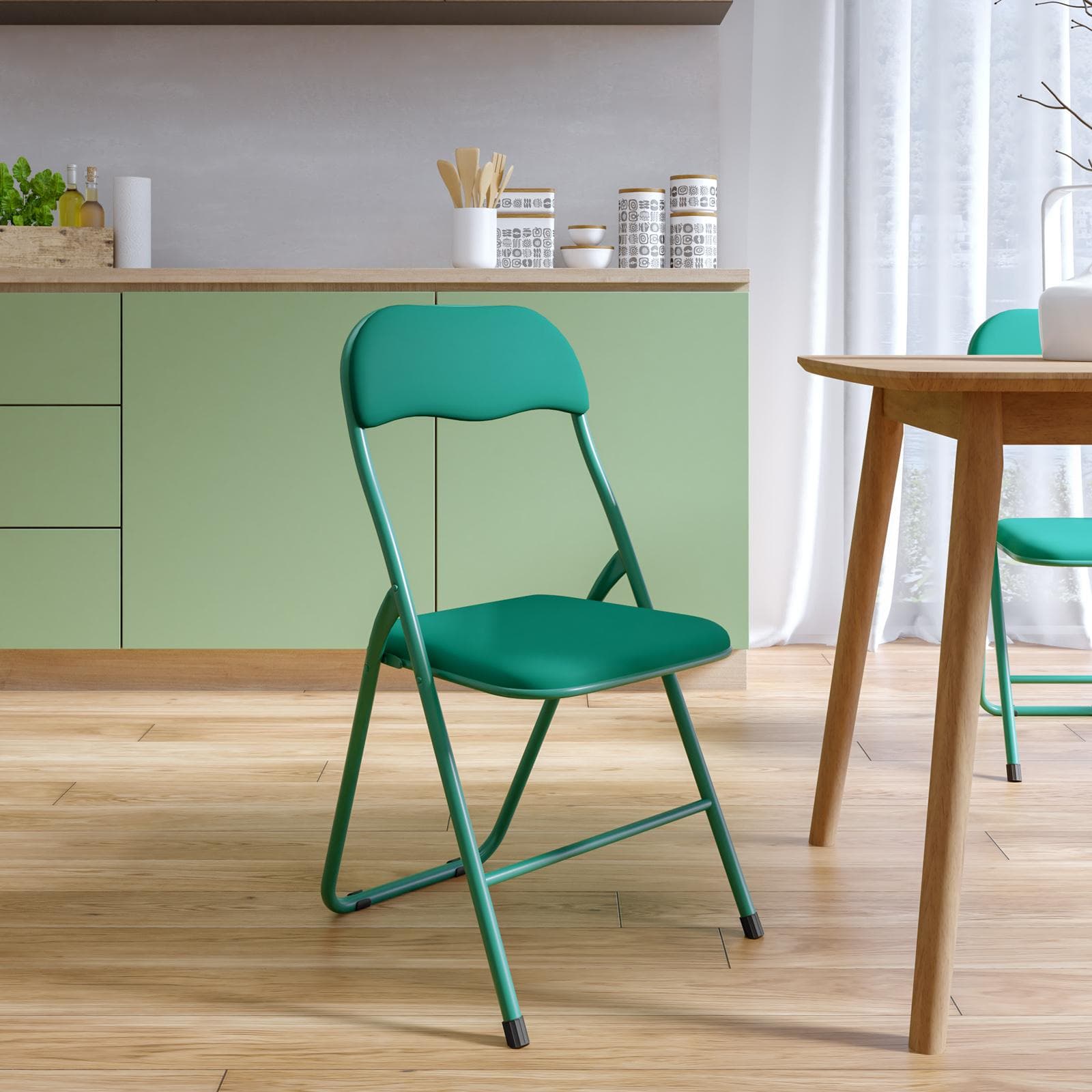 Sedia pieghevole verde con cuscino imbottito e struttura in metallo - Fold Color
