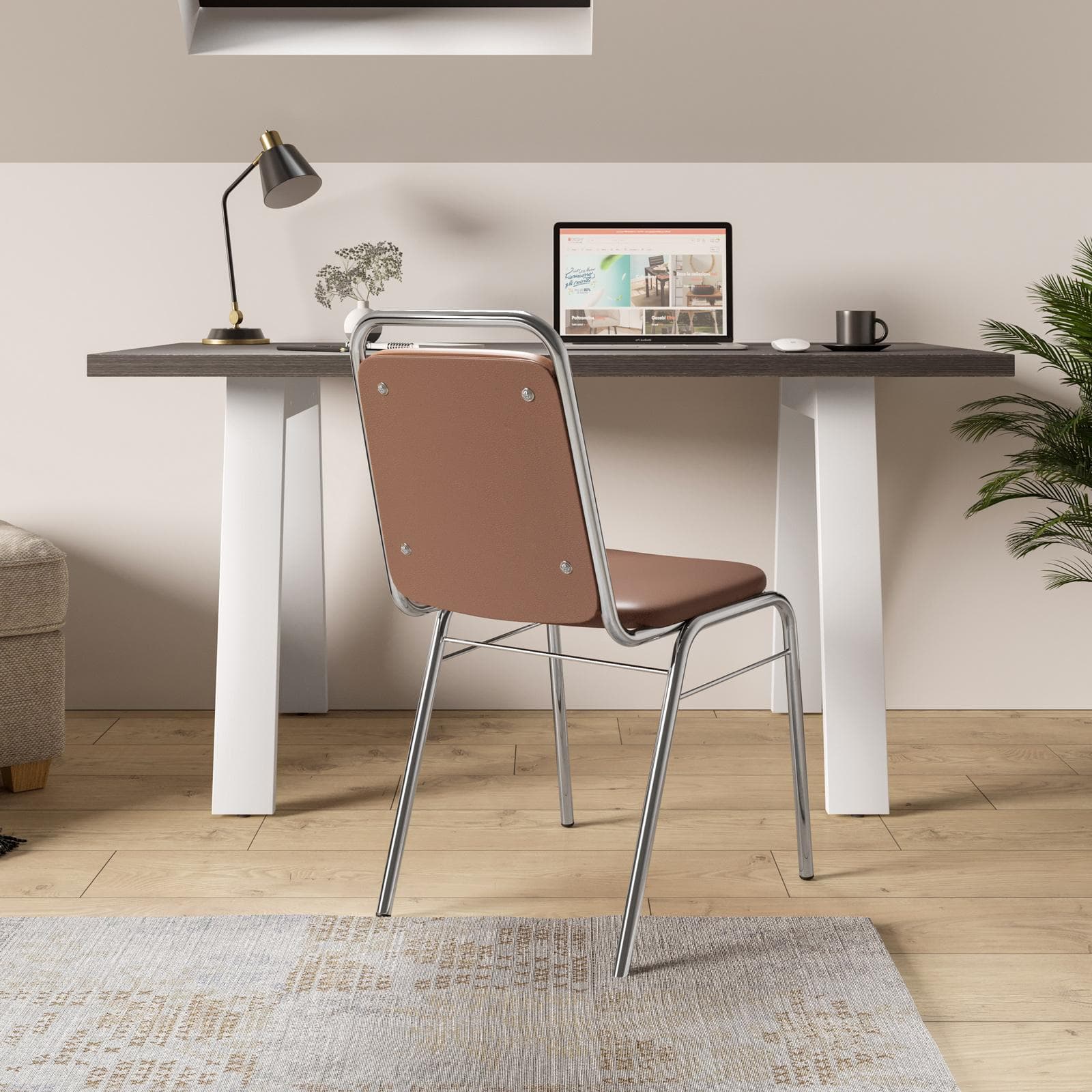 Sedia ufficio impilabile in similpelle cognac con gambe in metallo cromo - Wesper