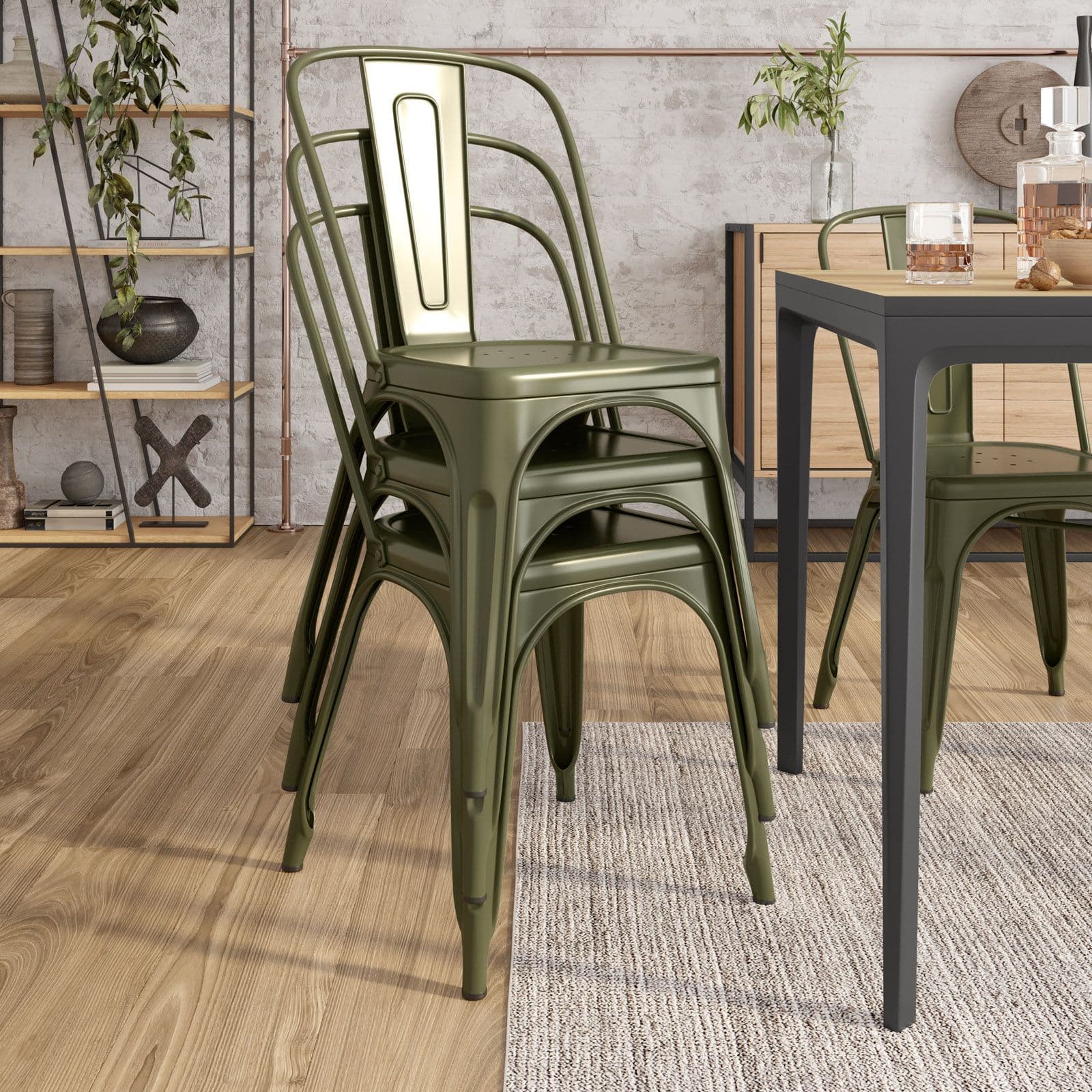 Sedia impilabile stile industrial in metallo verde - Farley