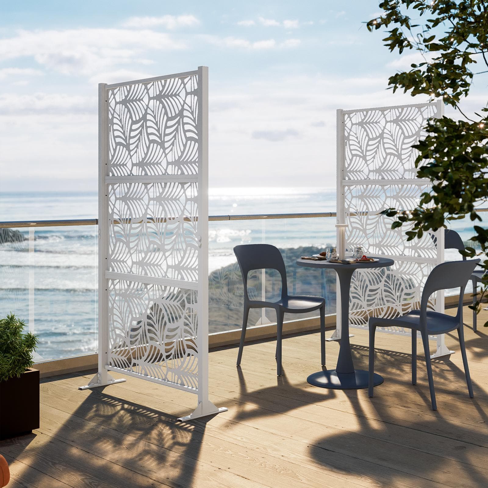 Separé da giardino in acciaio bianco 100x30x180h cm con disegno foglia di palma - Callen
