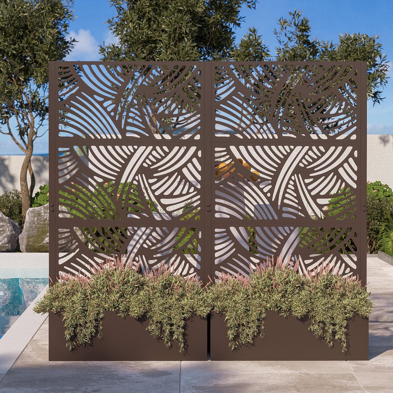 Separé doppio da giardino con fioriera in acciaio bronzo 196x34x180 h cm e disegno astratto - Kaira