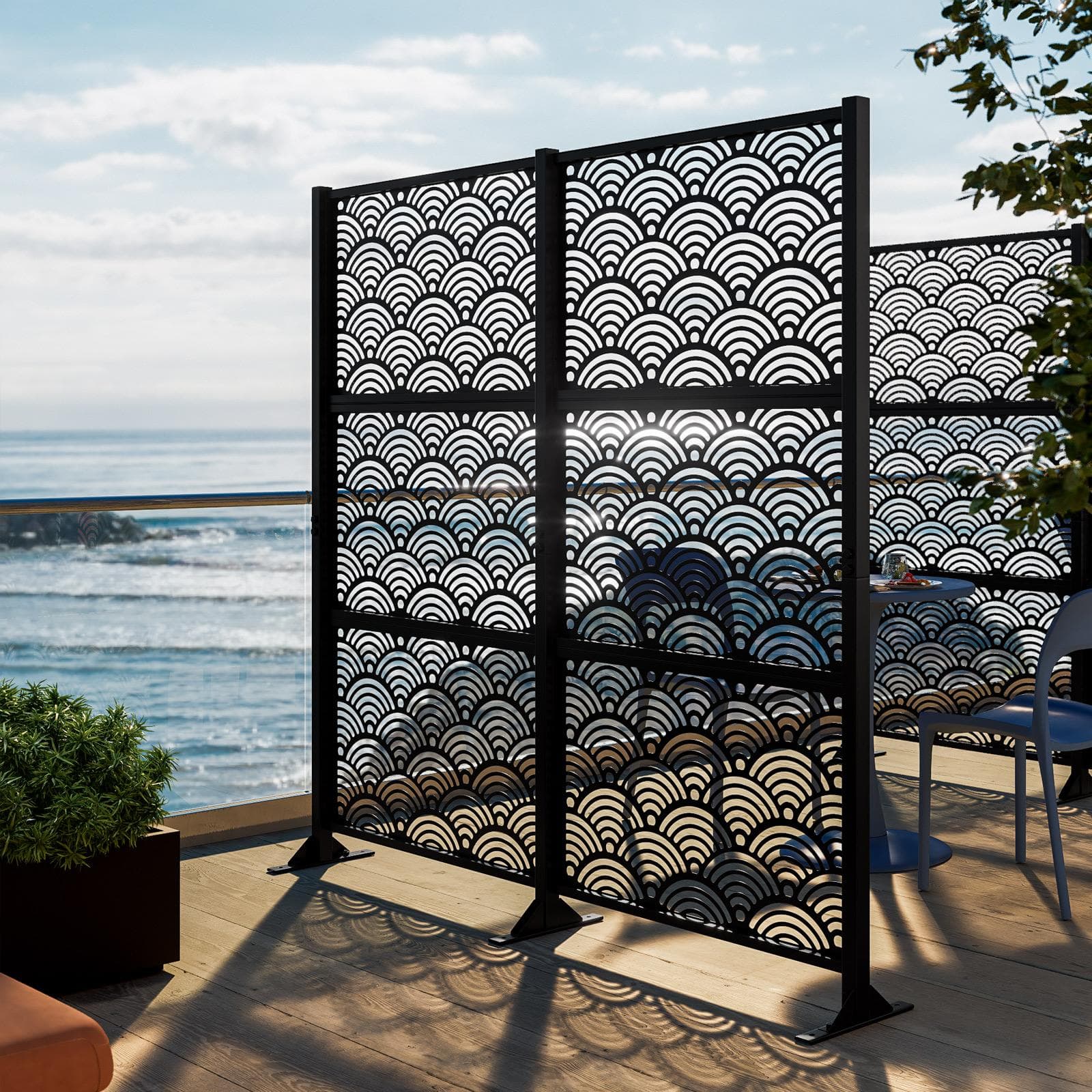 Separé doppio da giardino in acciaio nero 200x30x180h cm con disegno onda giapponese - Callen