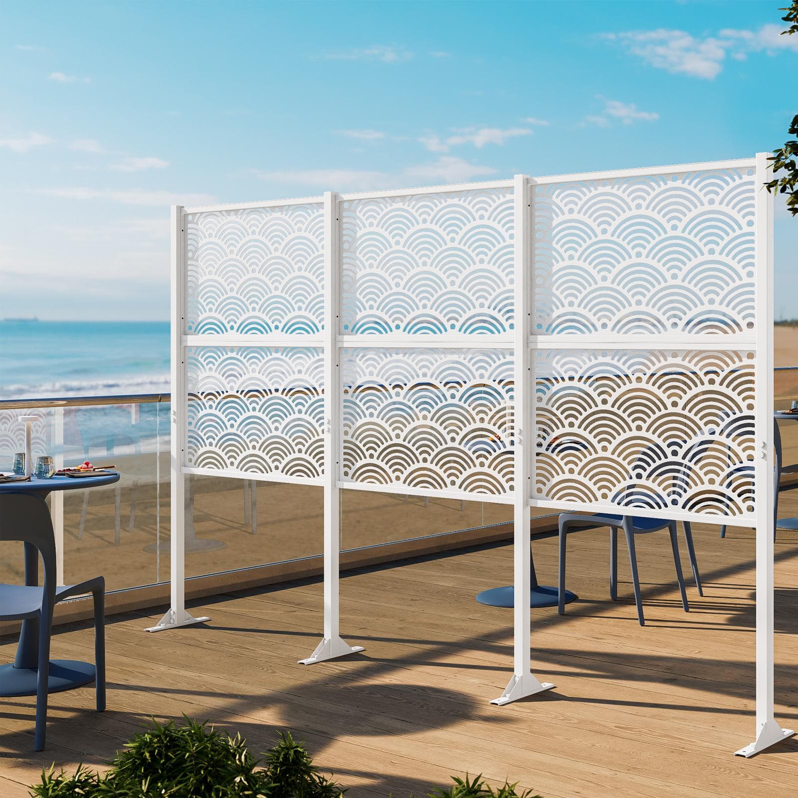 Separé triplo da giardino 300x30x180h cm con disegno onda giapponese in acciaio bianco - Callen
