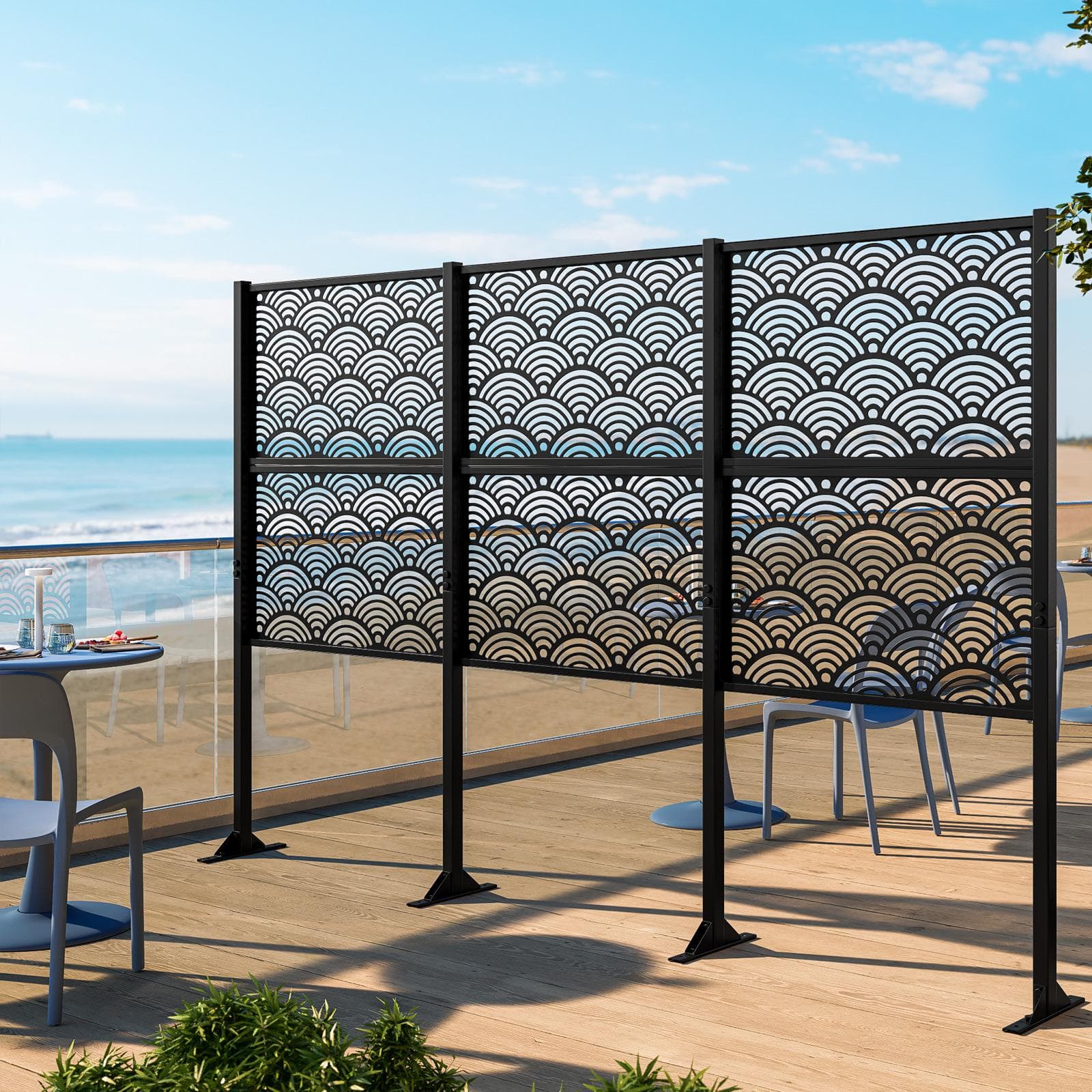 Separé triplo da giardino 300x30x180h cm con disegno onda giapponese in acciaio nero - Callen