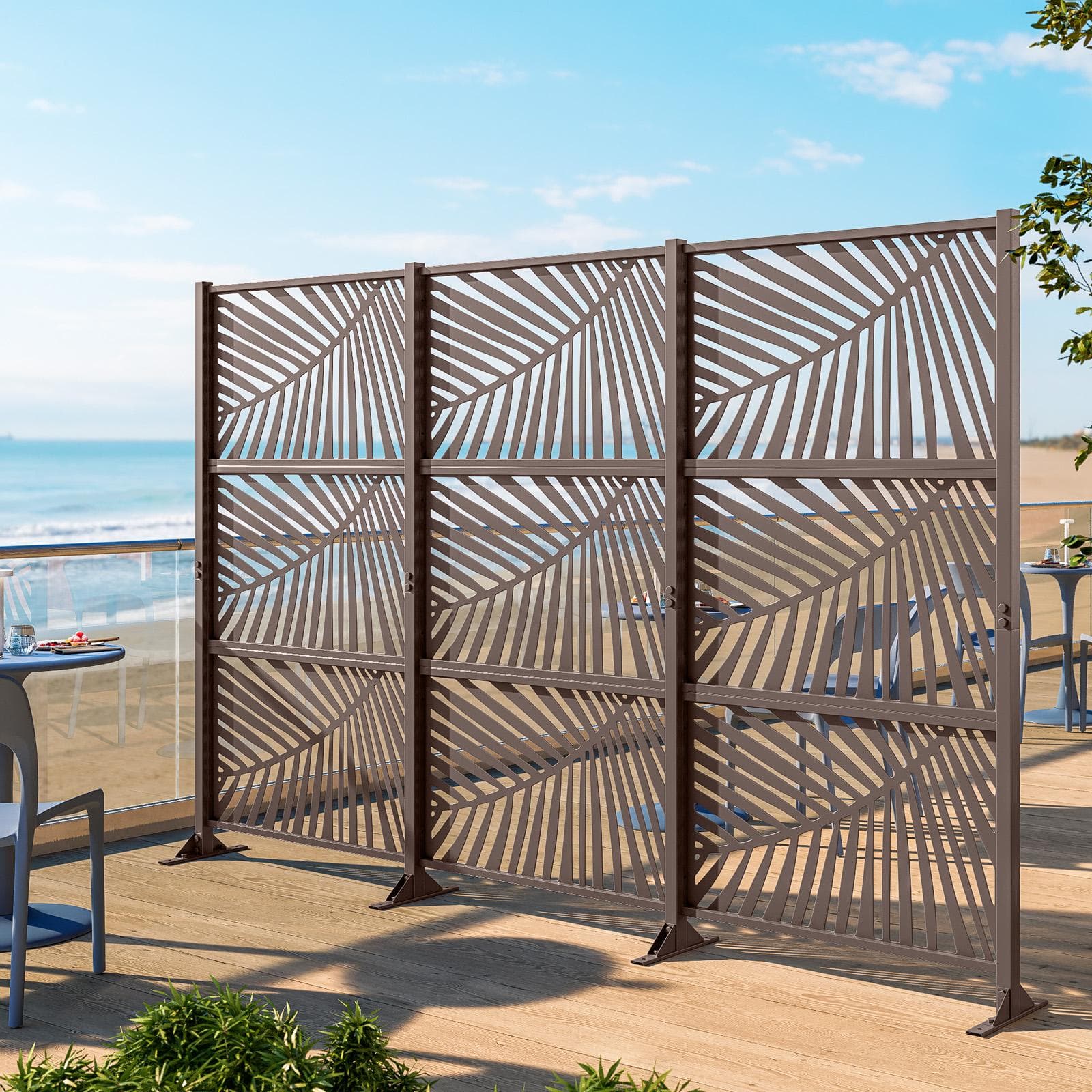Separé triplo da giardino in acciaio bronzo 300x30x180h cm con disegno tropicale - Callen