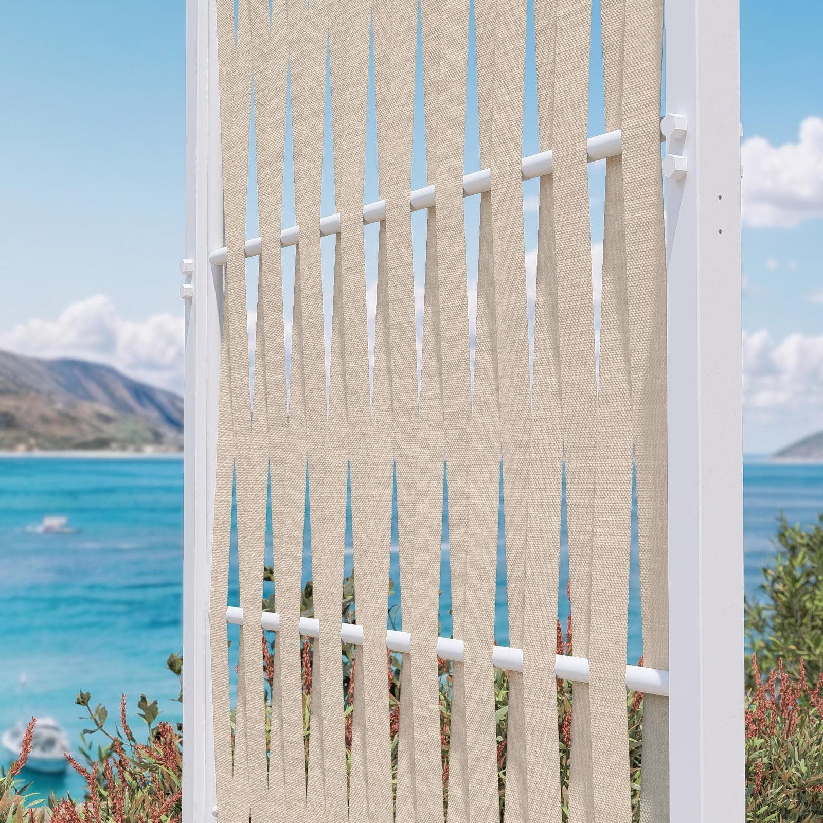 Separé da esterno 103x30x180h cm in acciaio bianco e corda in textilene vaniglia - Sibilla