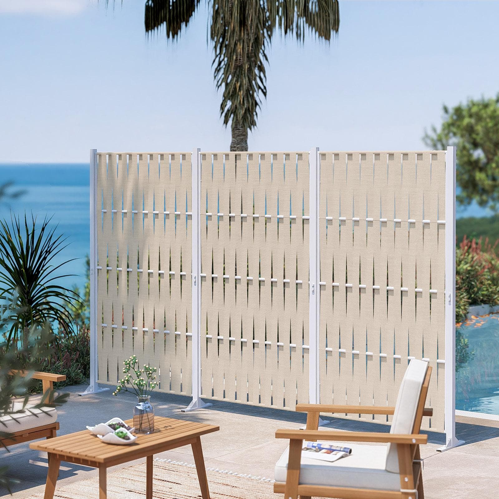 Separé da esterno triplo 302x30x180h cm in acciaio bianco e corda in textilene vaniglia - Sibilla