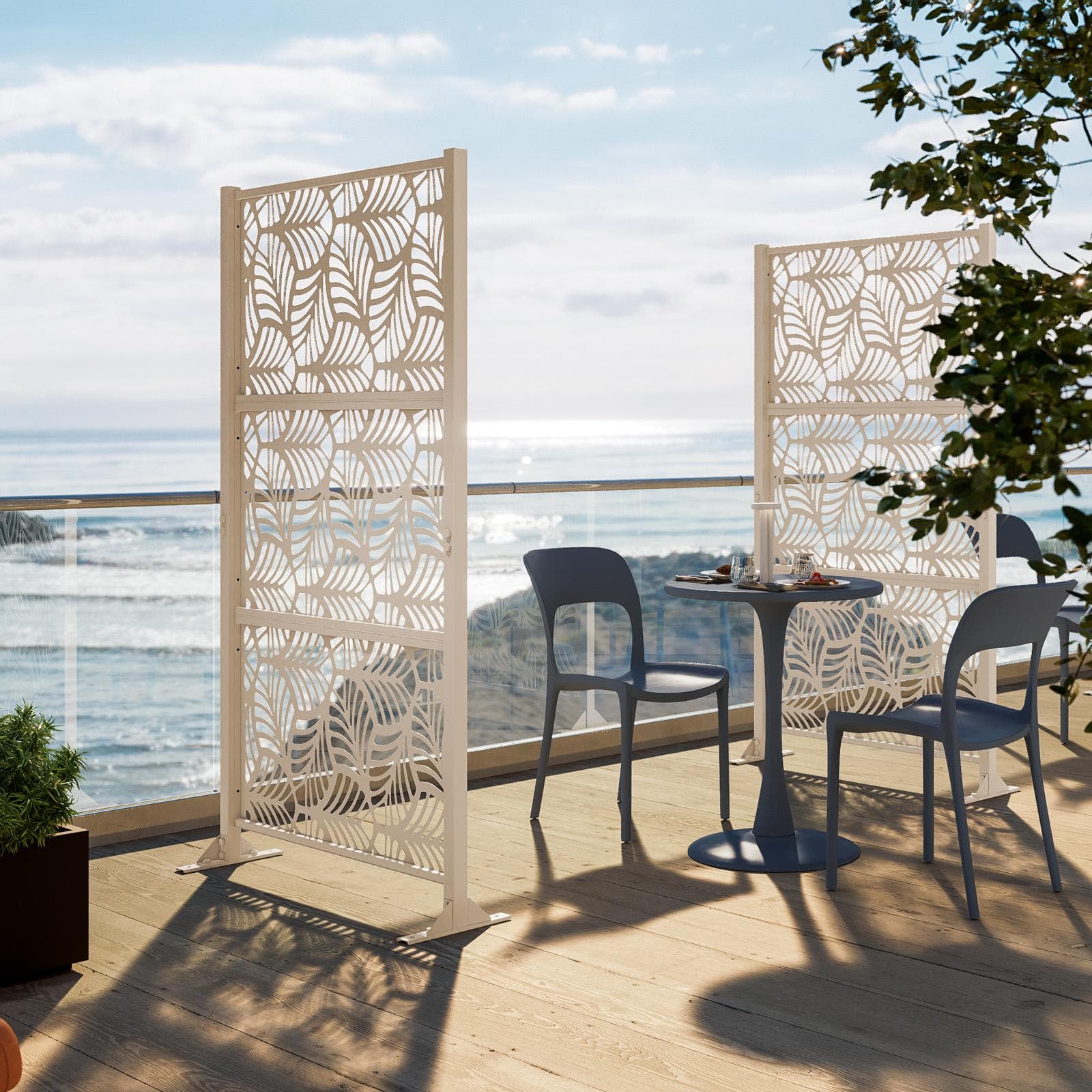 Separé da giardino in acciaio vaniglia 100x30x180h cm con disegno foglia di palma - Callen