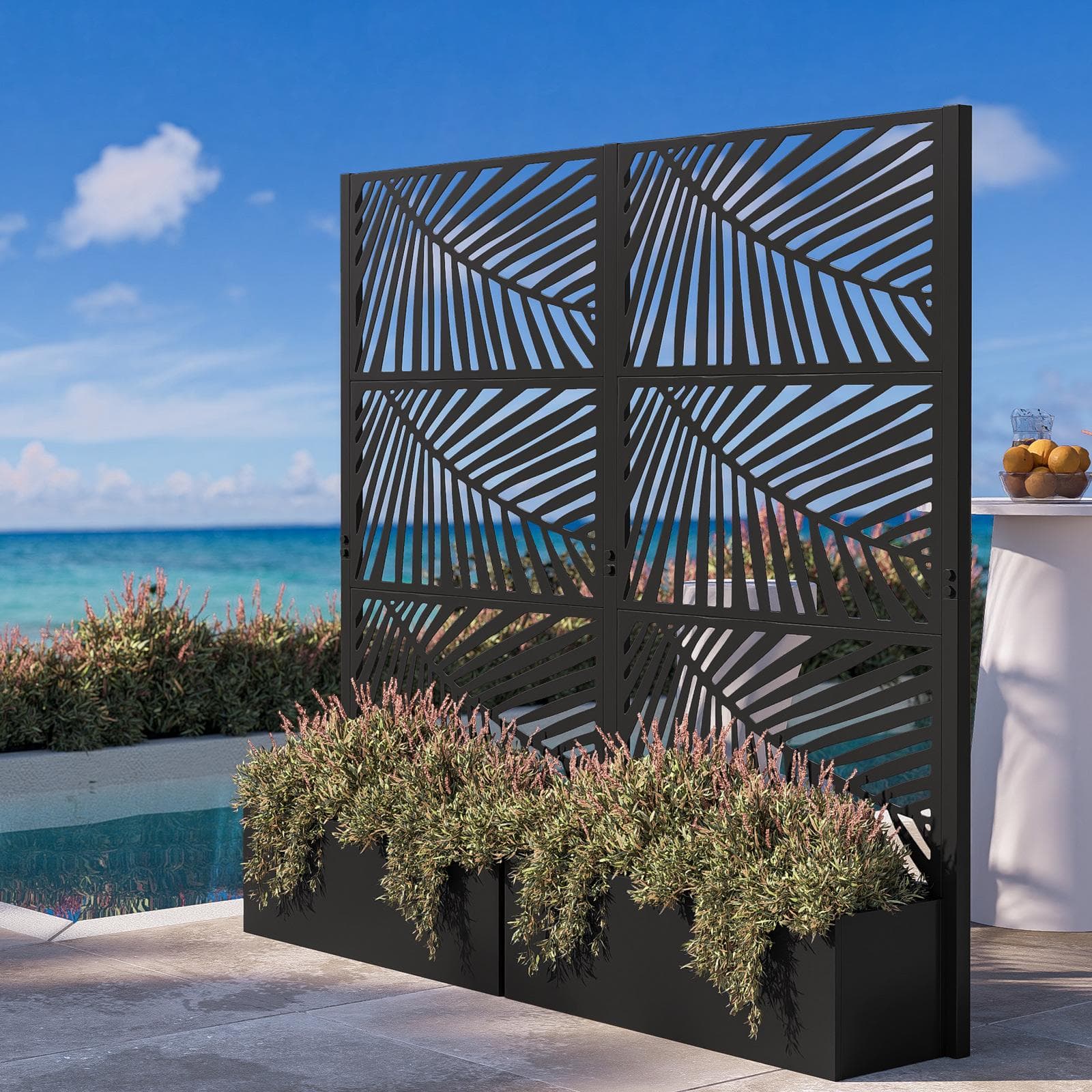 Separé doppio da giardino con fioriera in acciaio nero 196x34x180 h cm e disegno tropicale - Kaira