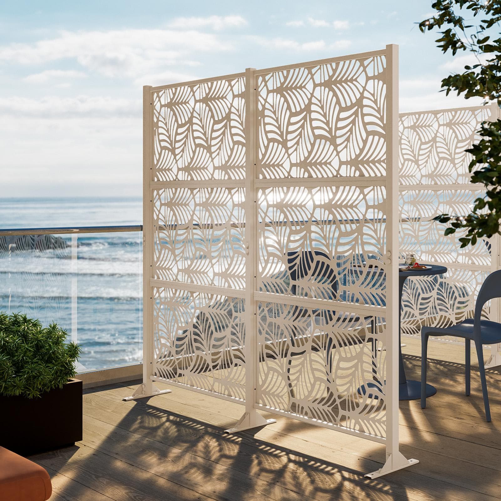 Separé doppio da giardino in acciaio vaniglia 200x30x180h cm con disegno foglia di palma - Callen