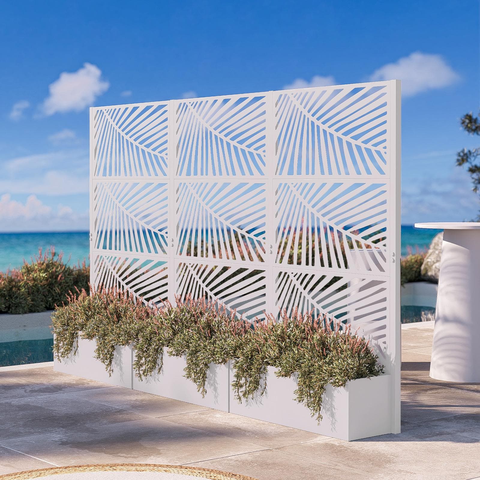 Separé triplo da giardino con fioriera in acciaio bianco 292x34x180 h cm e disegno tropicale - Kaira