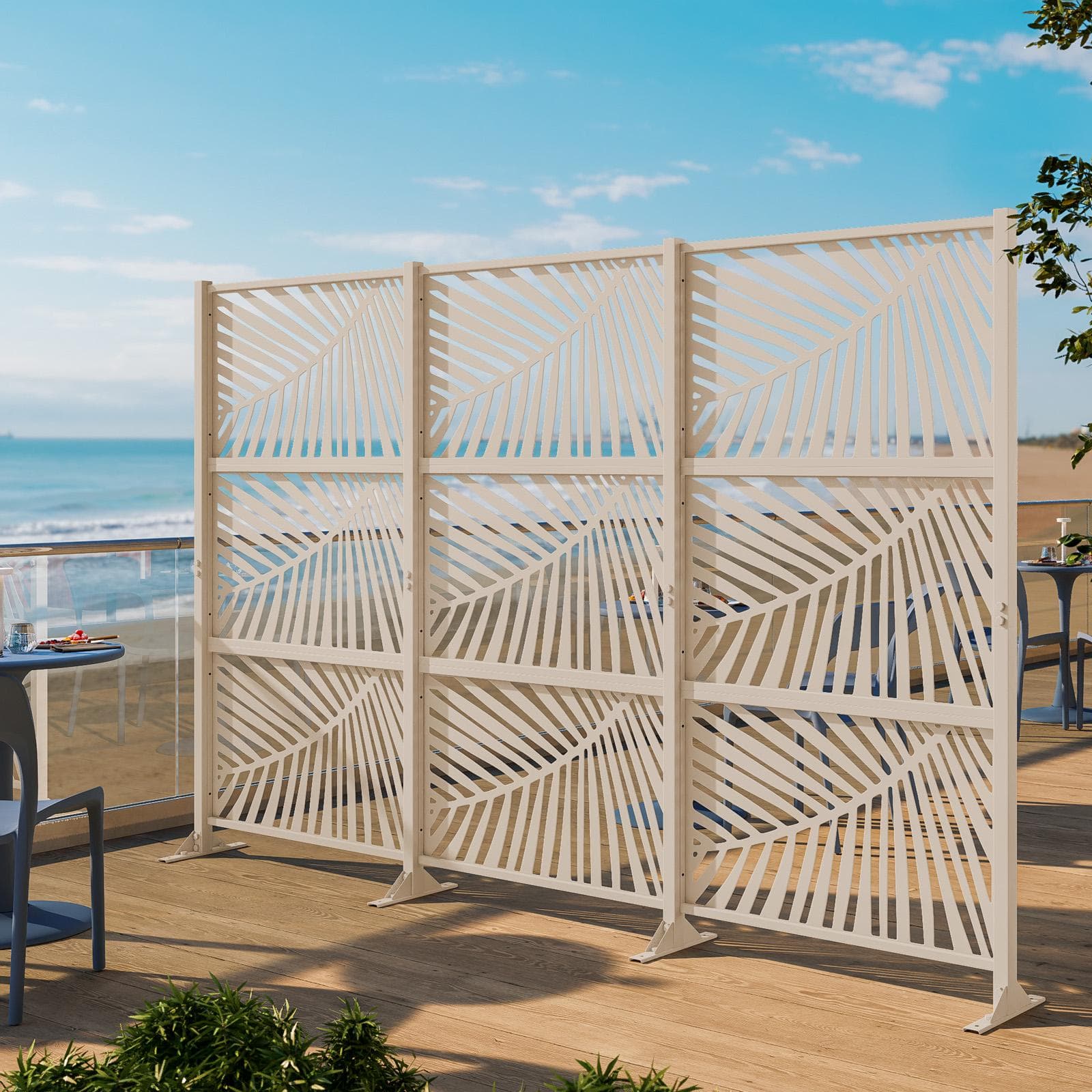 Separé triplo da giardino in acciaio vaniglia 300x30x180h cm con disegno tropicale - Callen