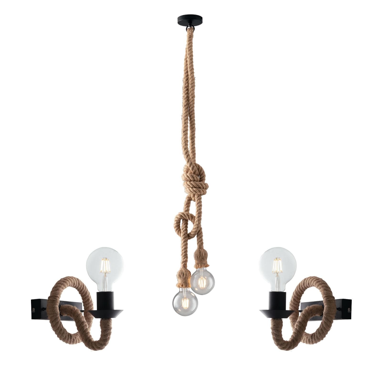 Set 2 applique e lampada sospesa a 2 luci in corda e metallo nero