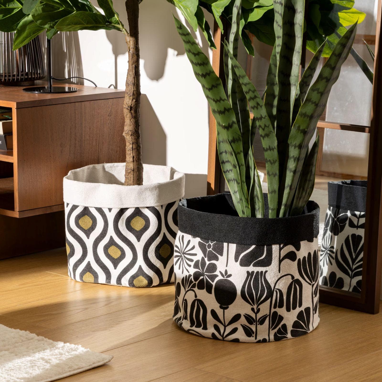Set 2 cesti rotondi 35 cm in tessuto nero e multicolore