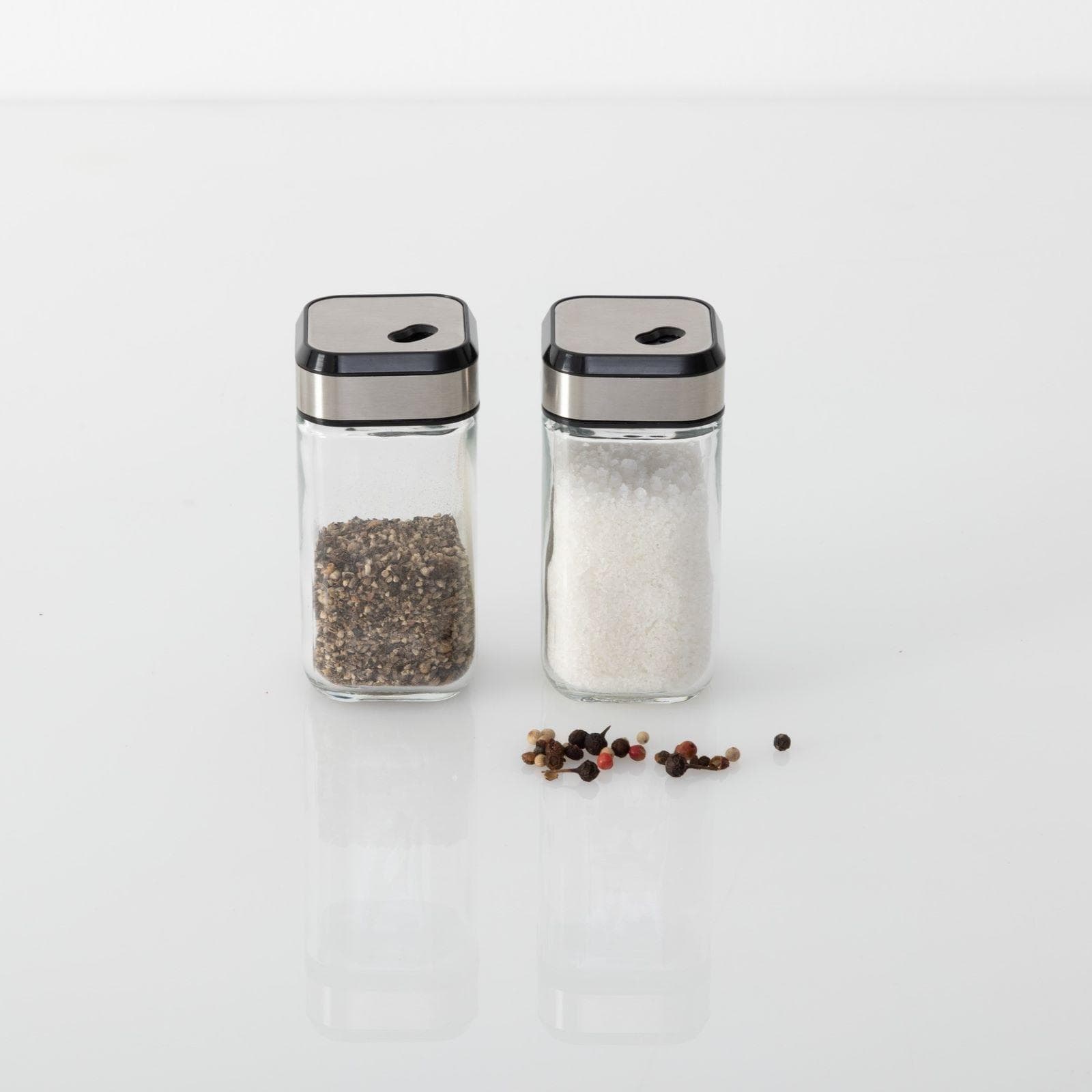 Set 2 contenitori per sale e pepe in acciaio inox cromo e vetro