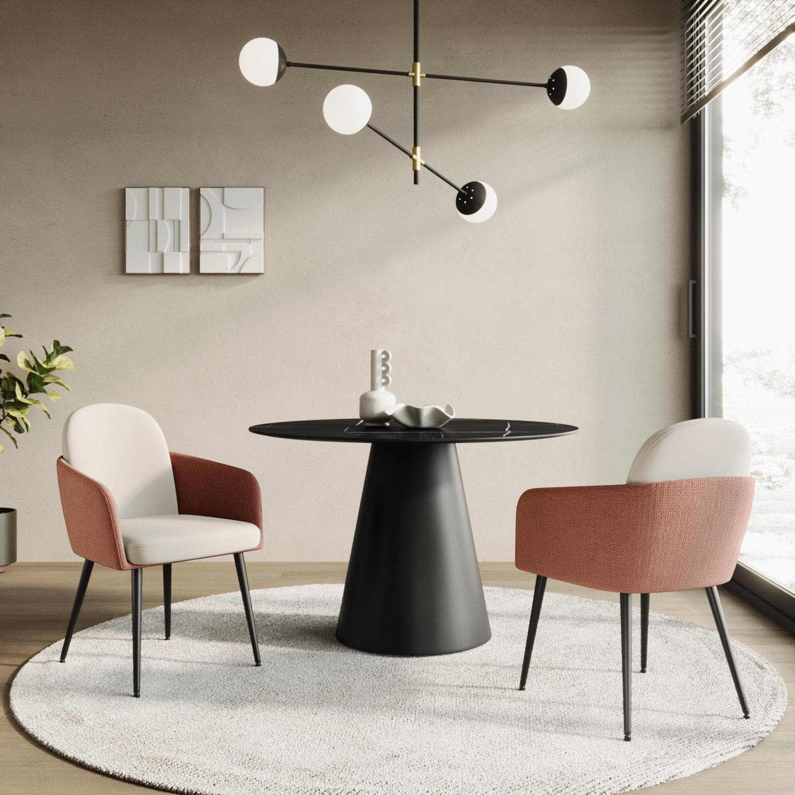 Set 2 poltrone in velluto beige con braccioli e schienale in tessuto rosa antico e gambe in metallo nero - Shayla