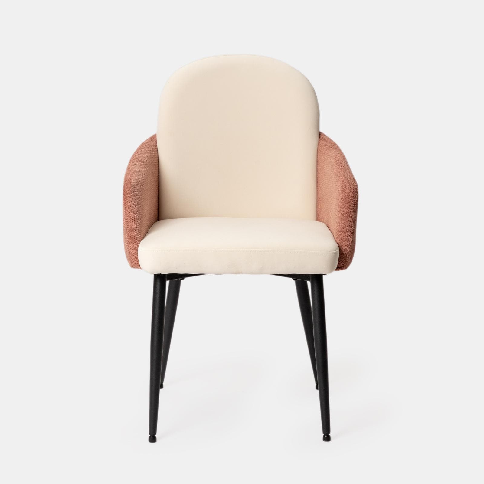 Set 2 poltrone in velluto beige con braccioli e schienale in tessuto rosa antico e gambe in metallo nero - Shayla