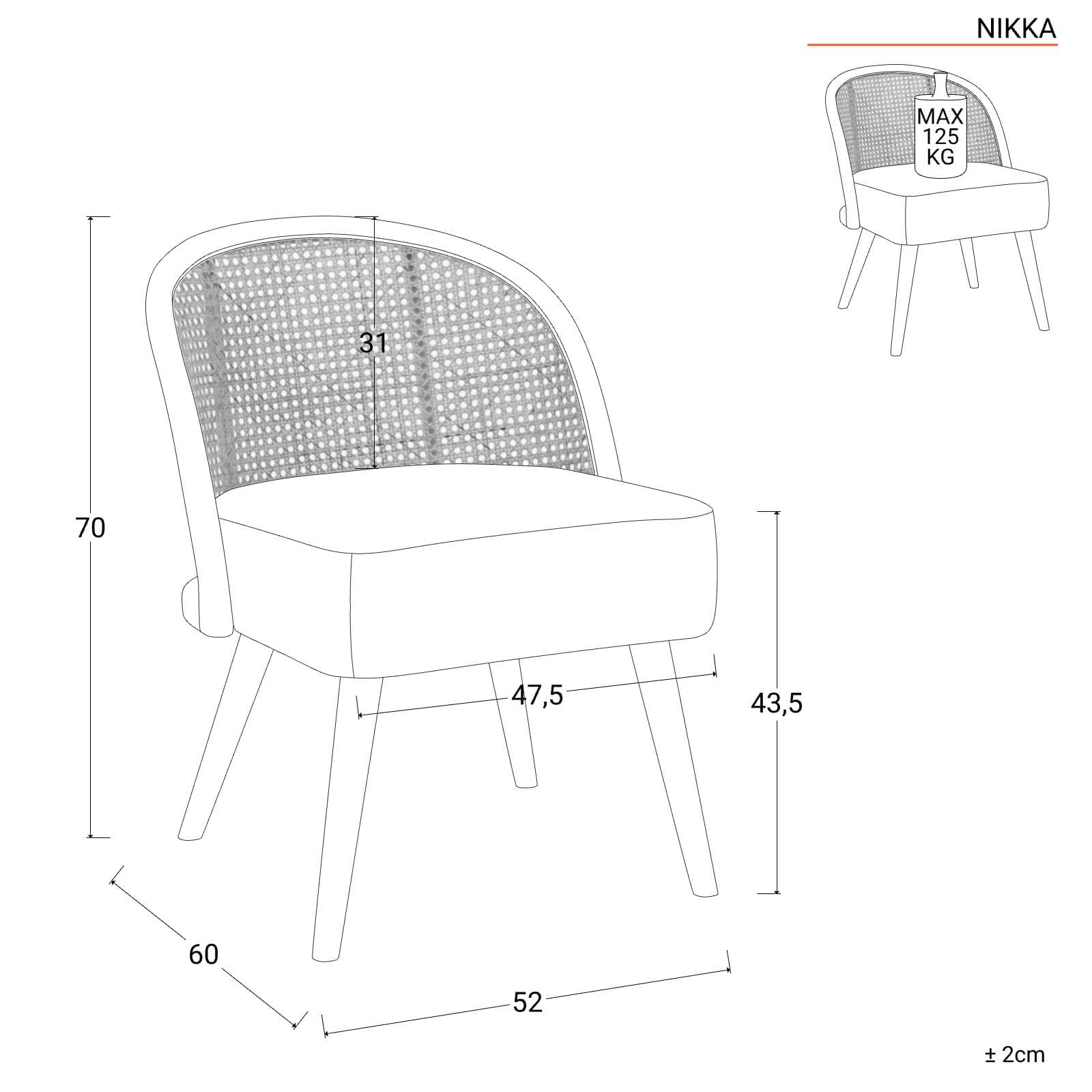 Set 2 sedie in legno con schienale in rattan e seduta in cotone e lino naturale - Nikka