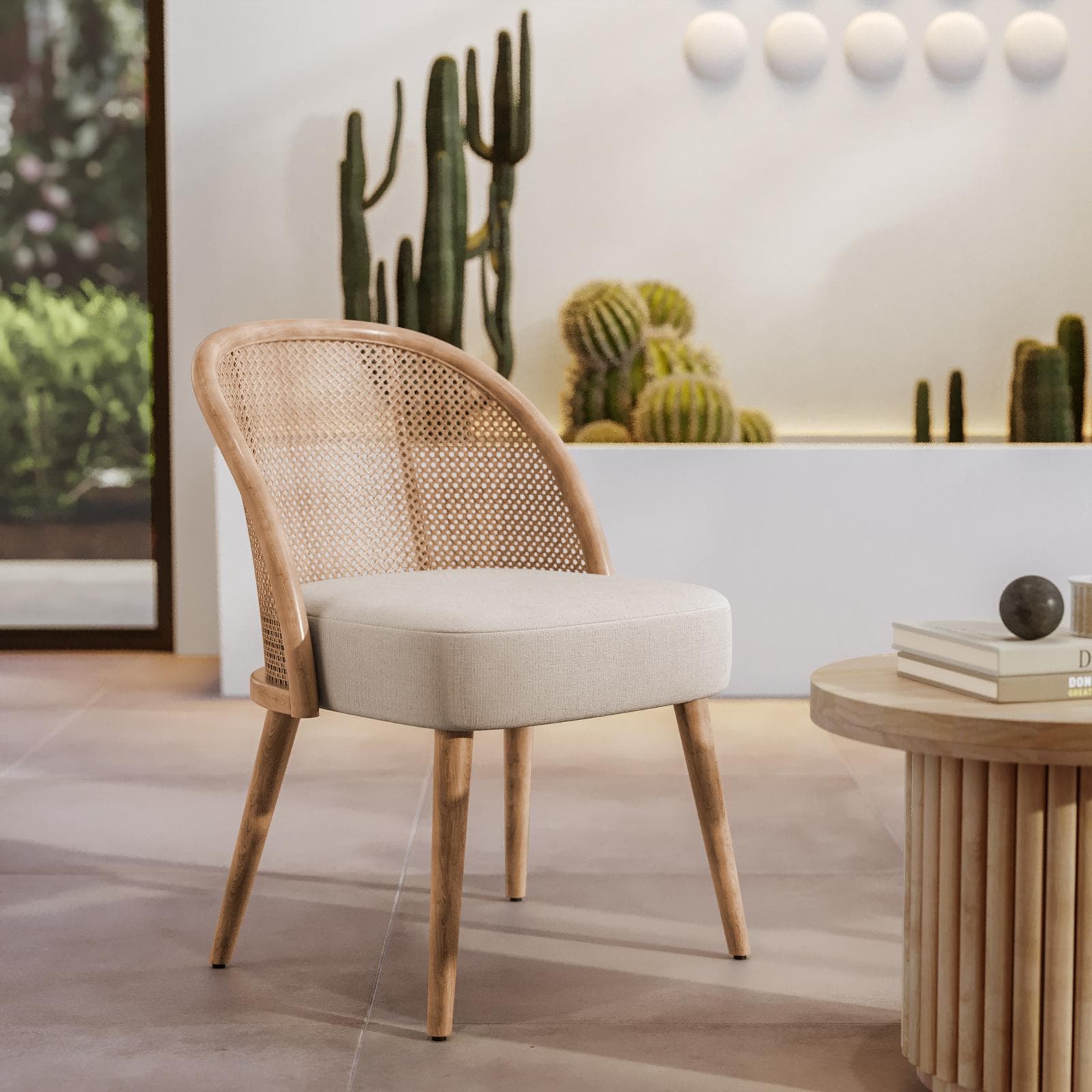 Set 2 sedie in legno con schienale in rattan e seduta in cotone e lino naturale - Nikka