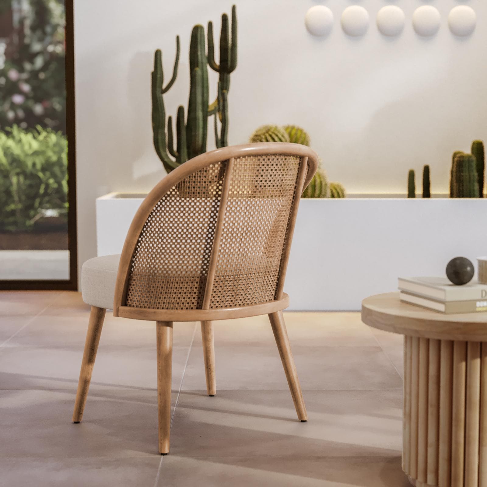 Set 2 sedie in legno con schienale in rattan e seduta in cotone e lino naturale - Nikka