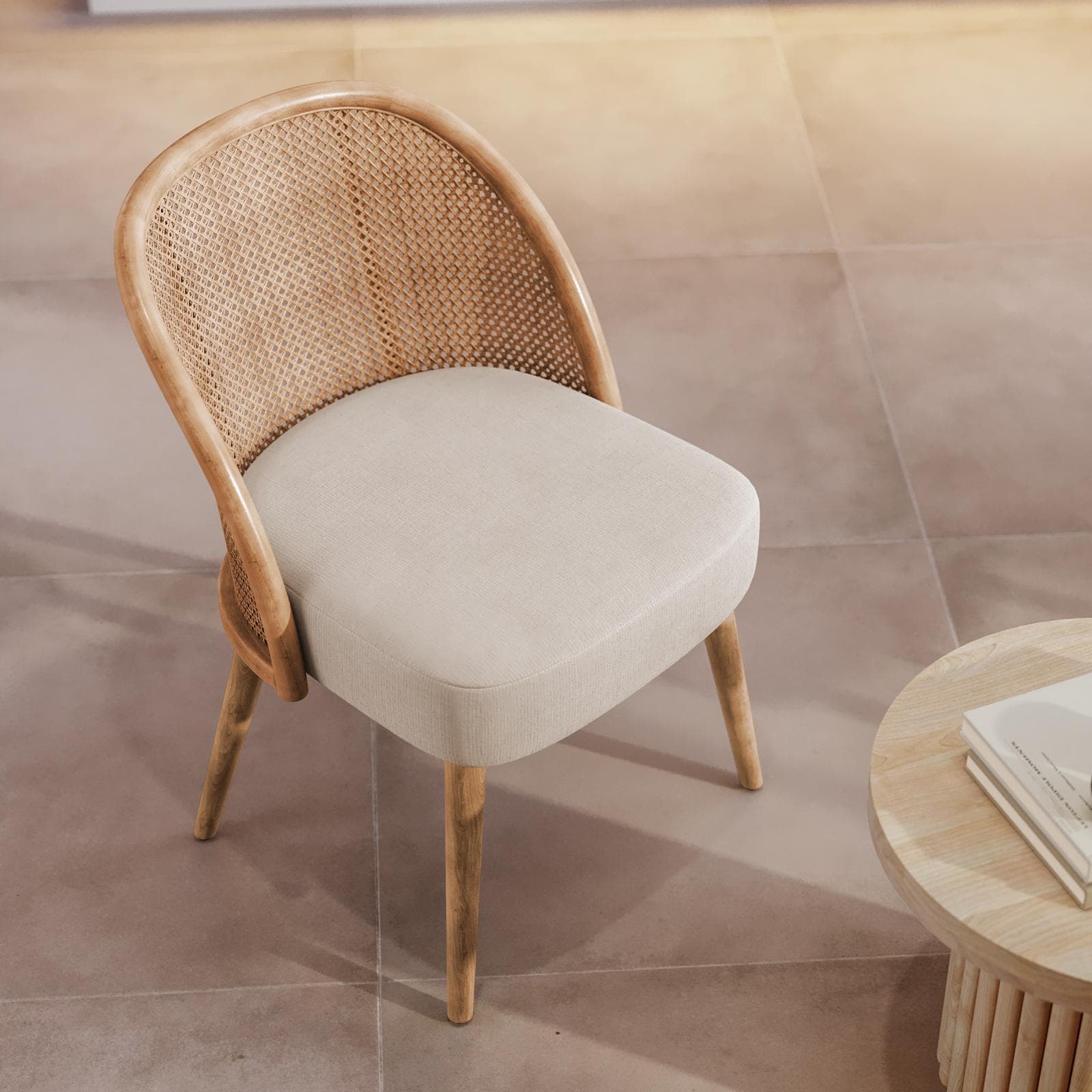 Set 2 sedie in legno con schienale in rattan e seduta in cotone e lino naturale - Nikka