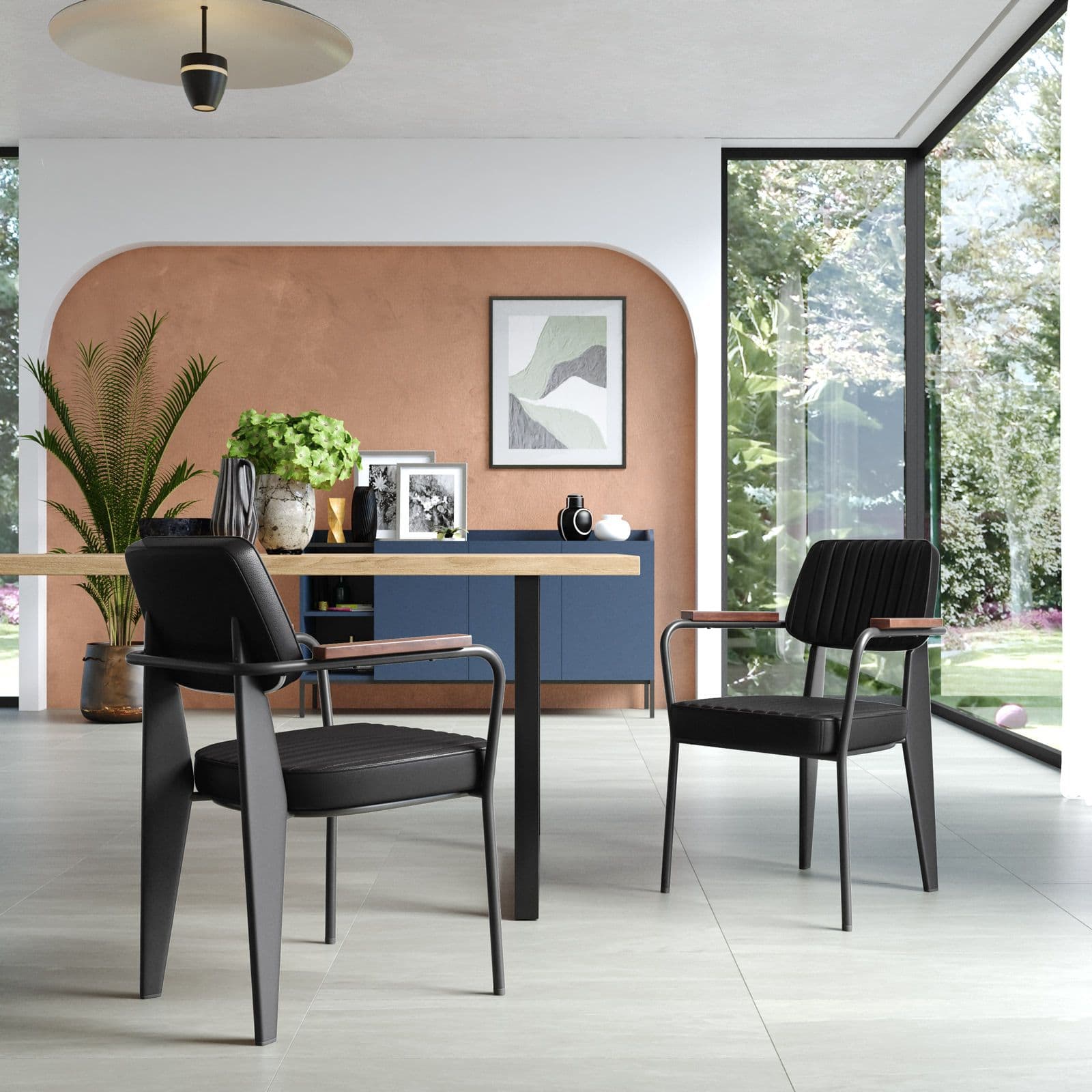 Set 2 poltrone in similpelle nero e struttura in acciaio antracite con braccioli - Willard
