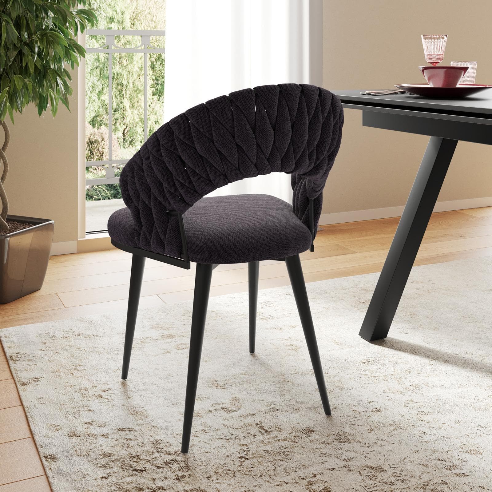 Set 2 sedie in tessuto ciniglia grigio scuro con gambe in metallo nero - Sayge