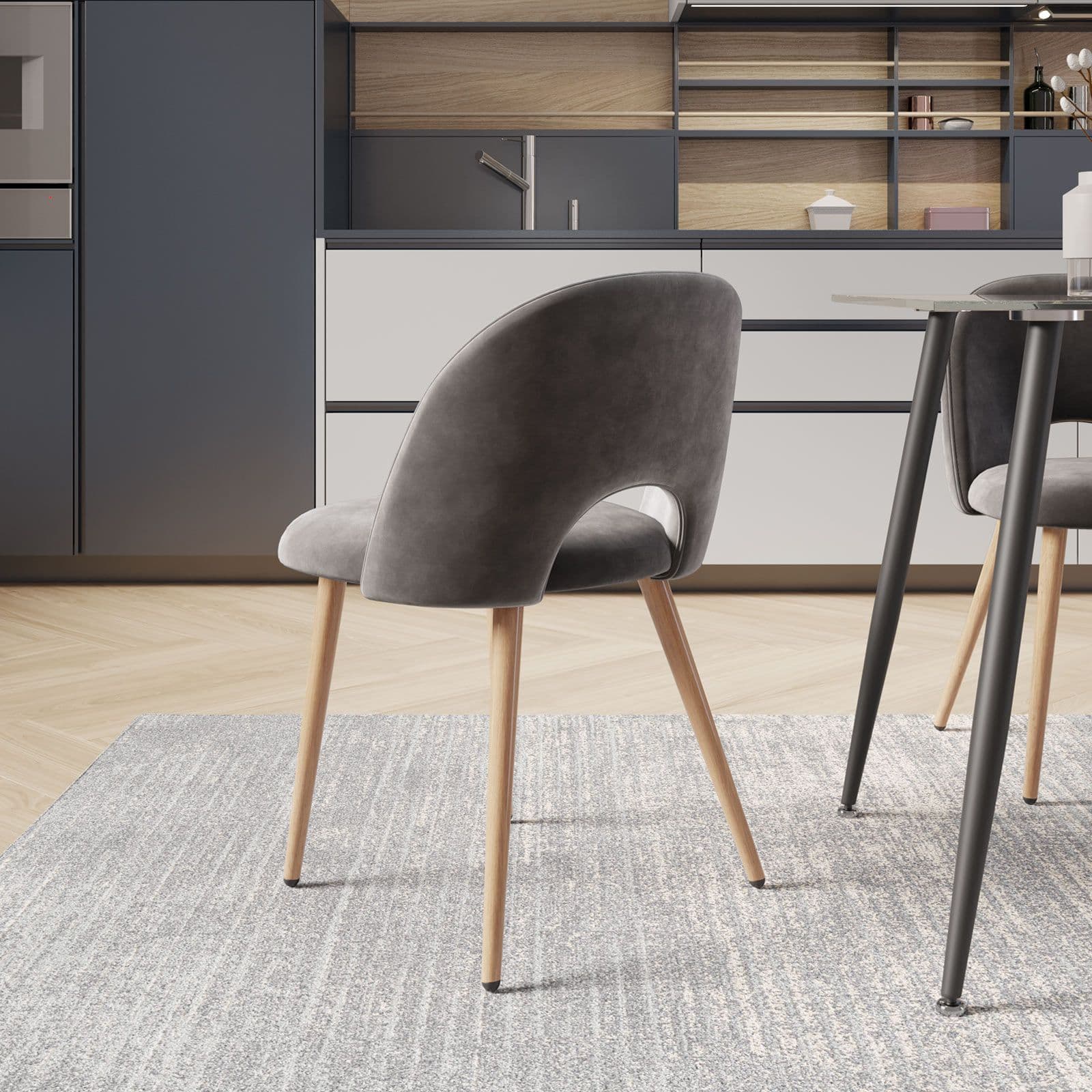 Set 2 sedie in velluto grigio con gambe in metallo effetto legno - Kimmy