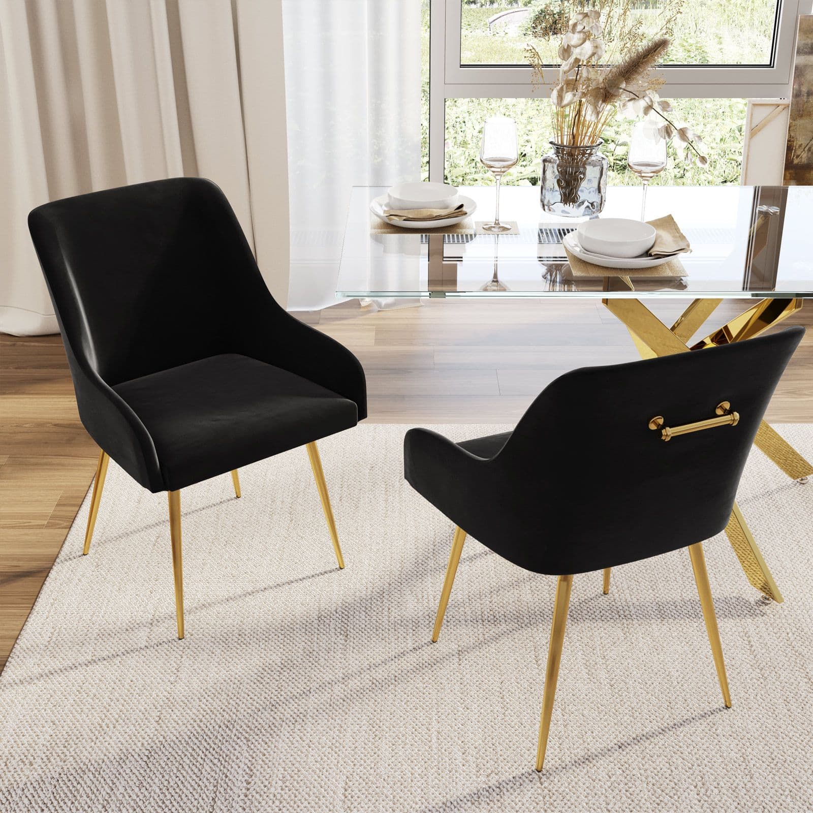 Set 2 sedie in velluto nero con dettagli e gambe oro - Artal