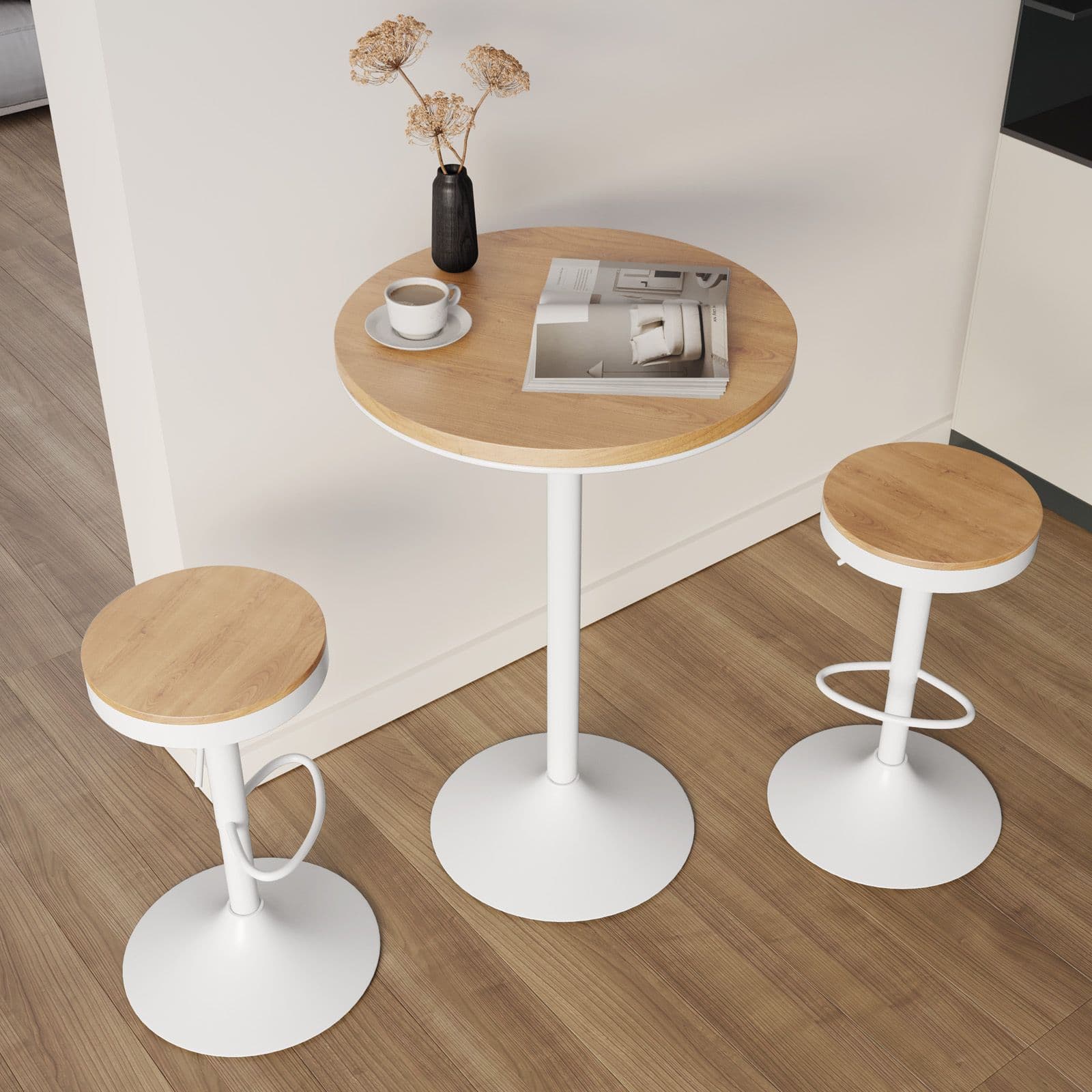 Set 2 sgabelli con poggiapiedi in metallo bianco e seduta in legno - Dynamo