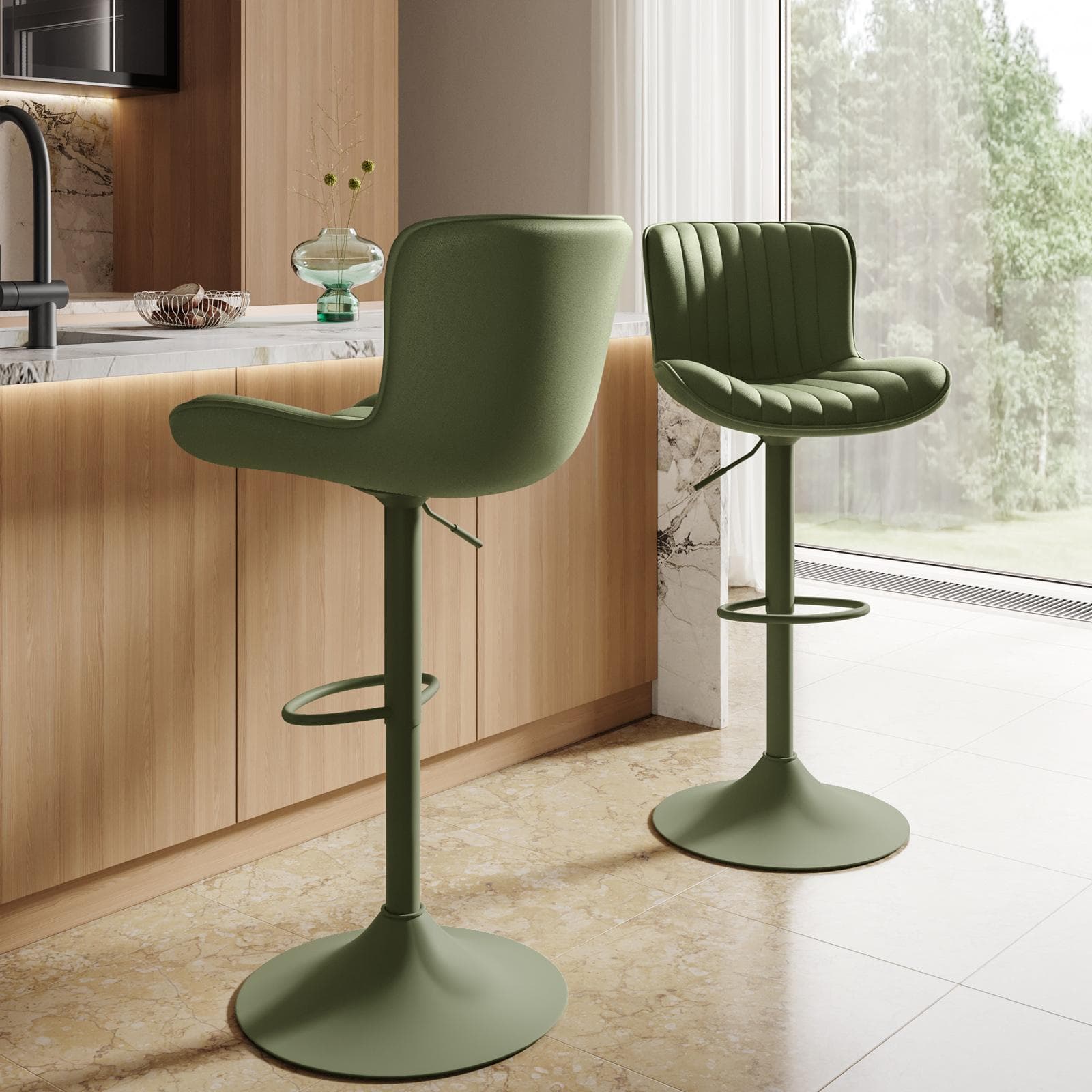 Set 2 sgabelli in similpelle trapuntata a strisce verde uliveto con base in metallo - Zigolo