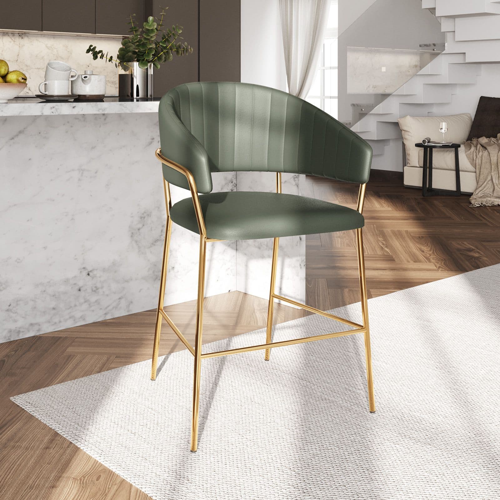 Set 2 sgabelli in similpelle verde scuro con gambe oro - Anette