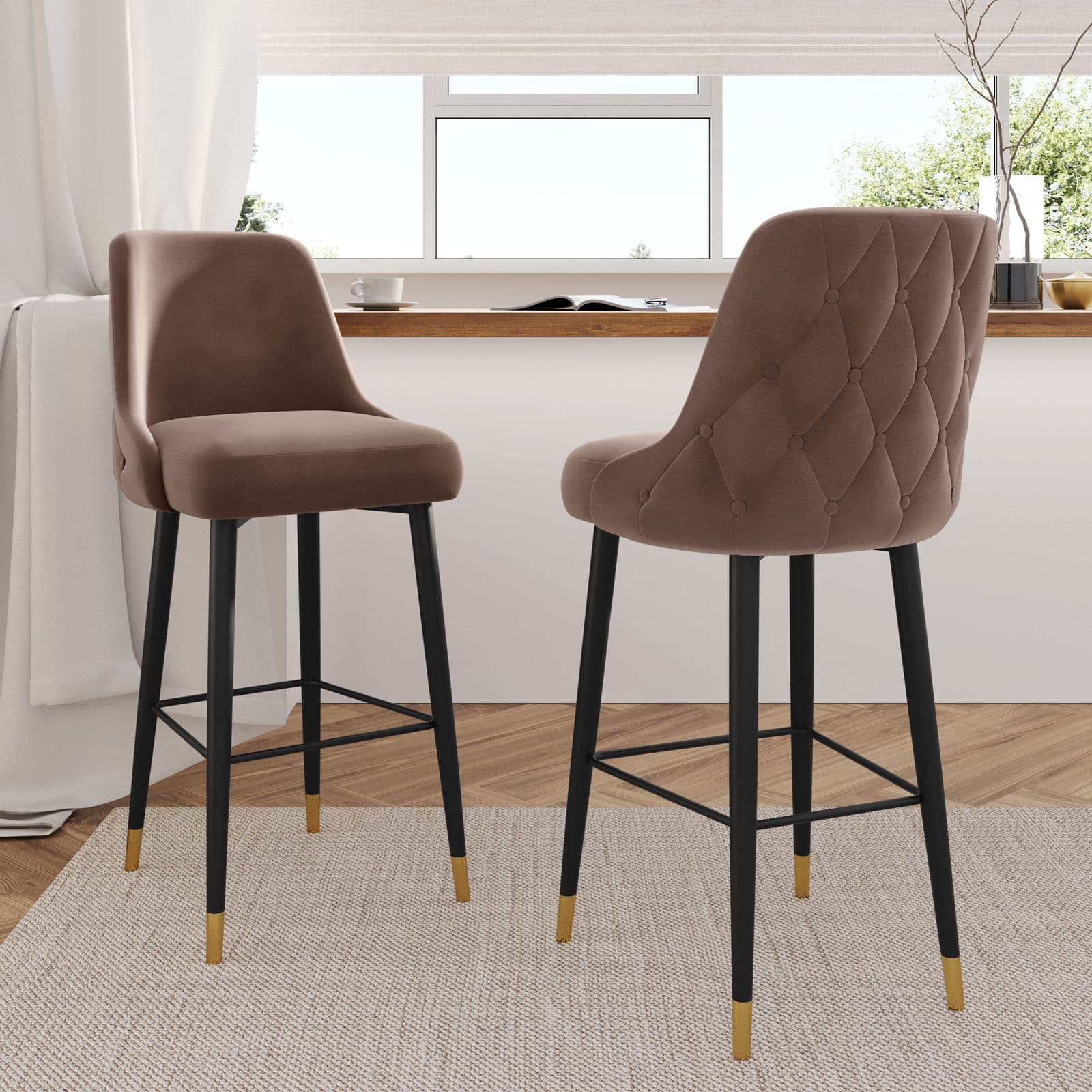 Set 2 sgabelli in tessuto tortora con gambe nere e oro - Genny