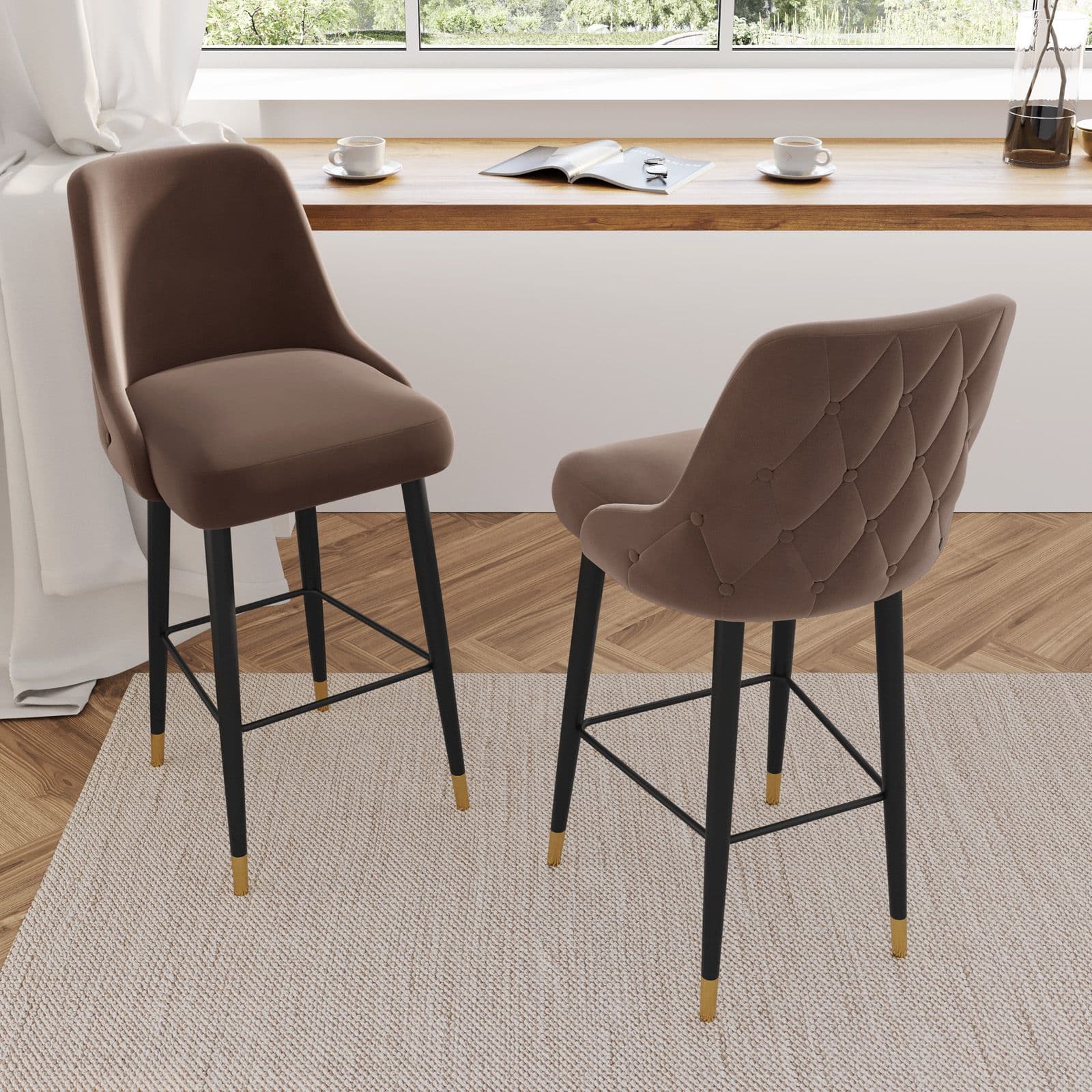 Set 2 sgabelli in tessuto tortora con gambe nere e oro - Genny