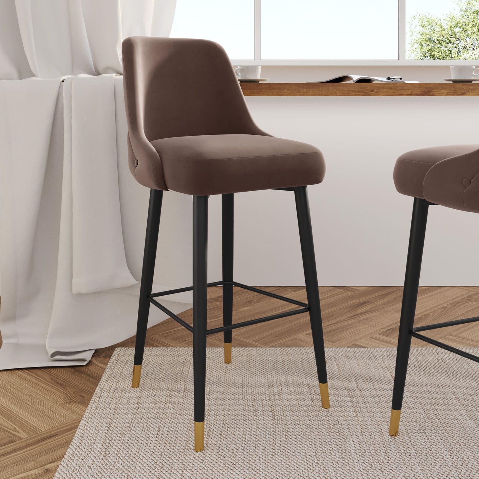 Set 2 sgabelli in tessuto tortora con gambe nere e oro - Genny
