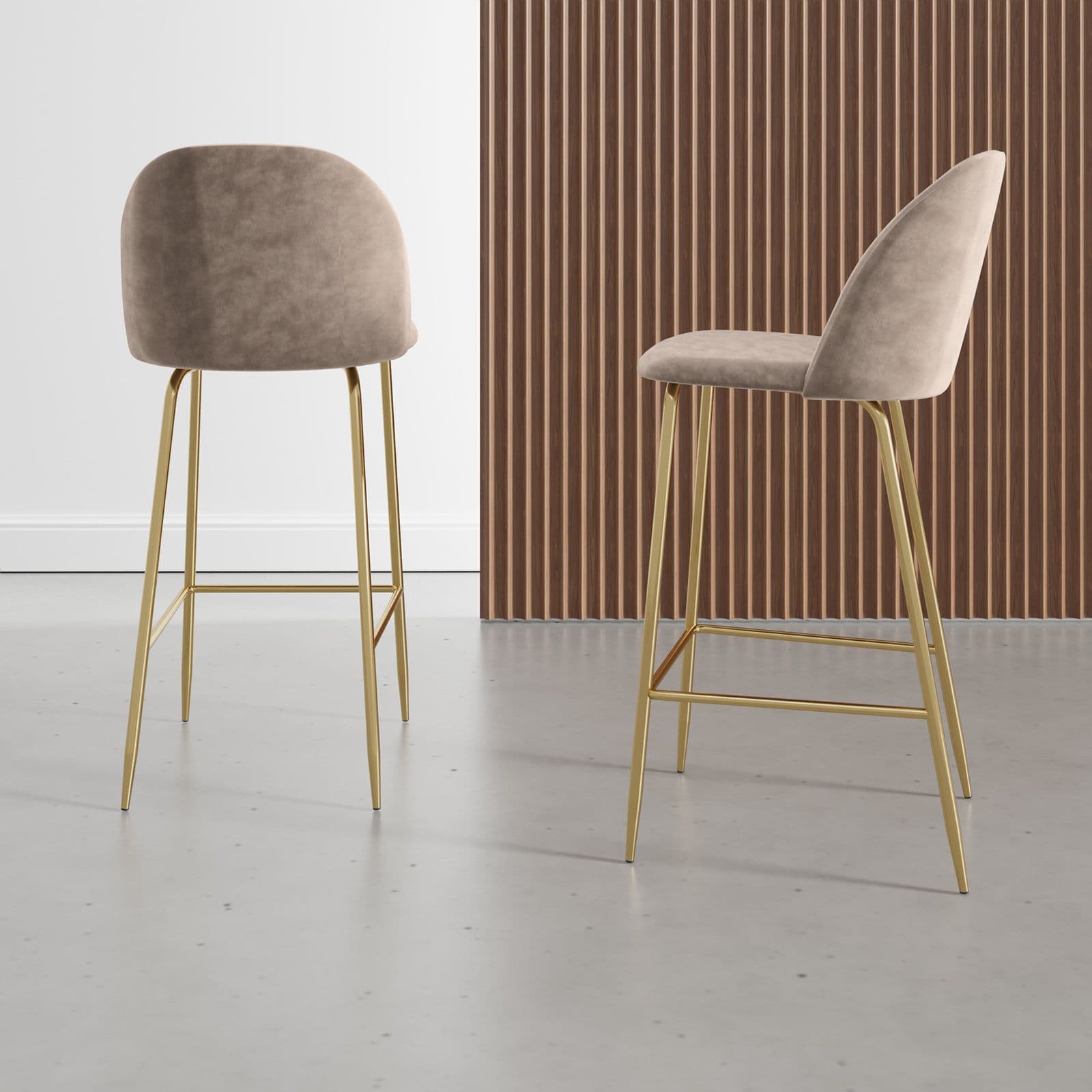 Set 2 sgabelli in velluto tortora con gambe oro - Melt