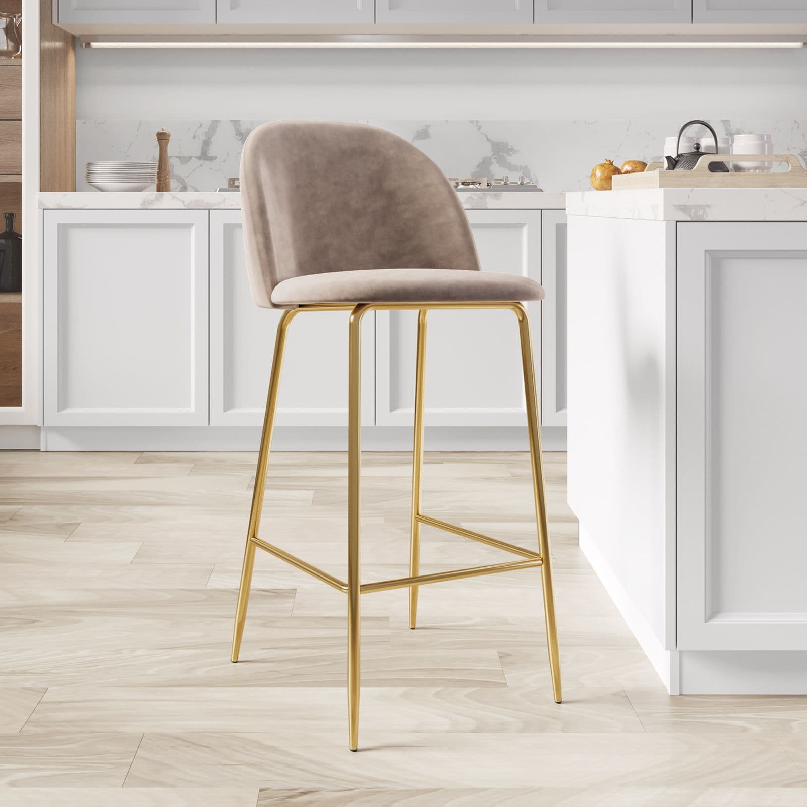 Set 2 sgabelli in velluto tortora con gambe oro - Melt